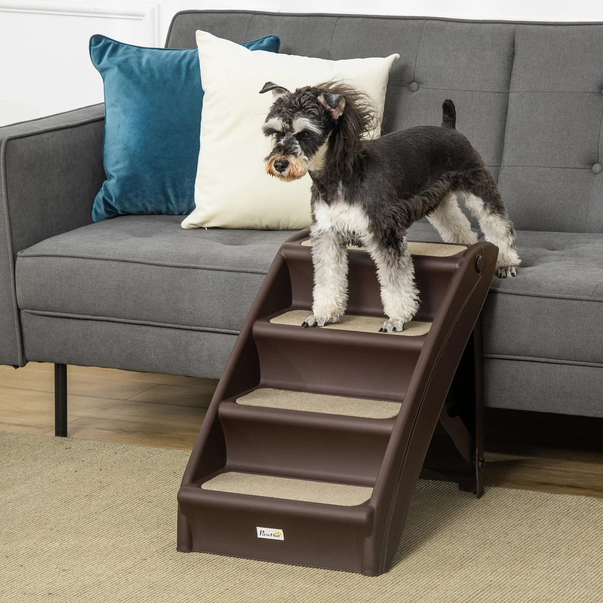 PawHut Scaletta per Cani Pieghevole con 4 Gradini Antiscivolo, Scala per Animali Domestici fino 10 kg in PP, 62x38x49.5cm, Marrone Scuro
