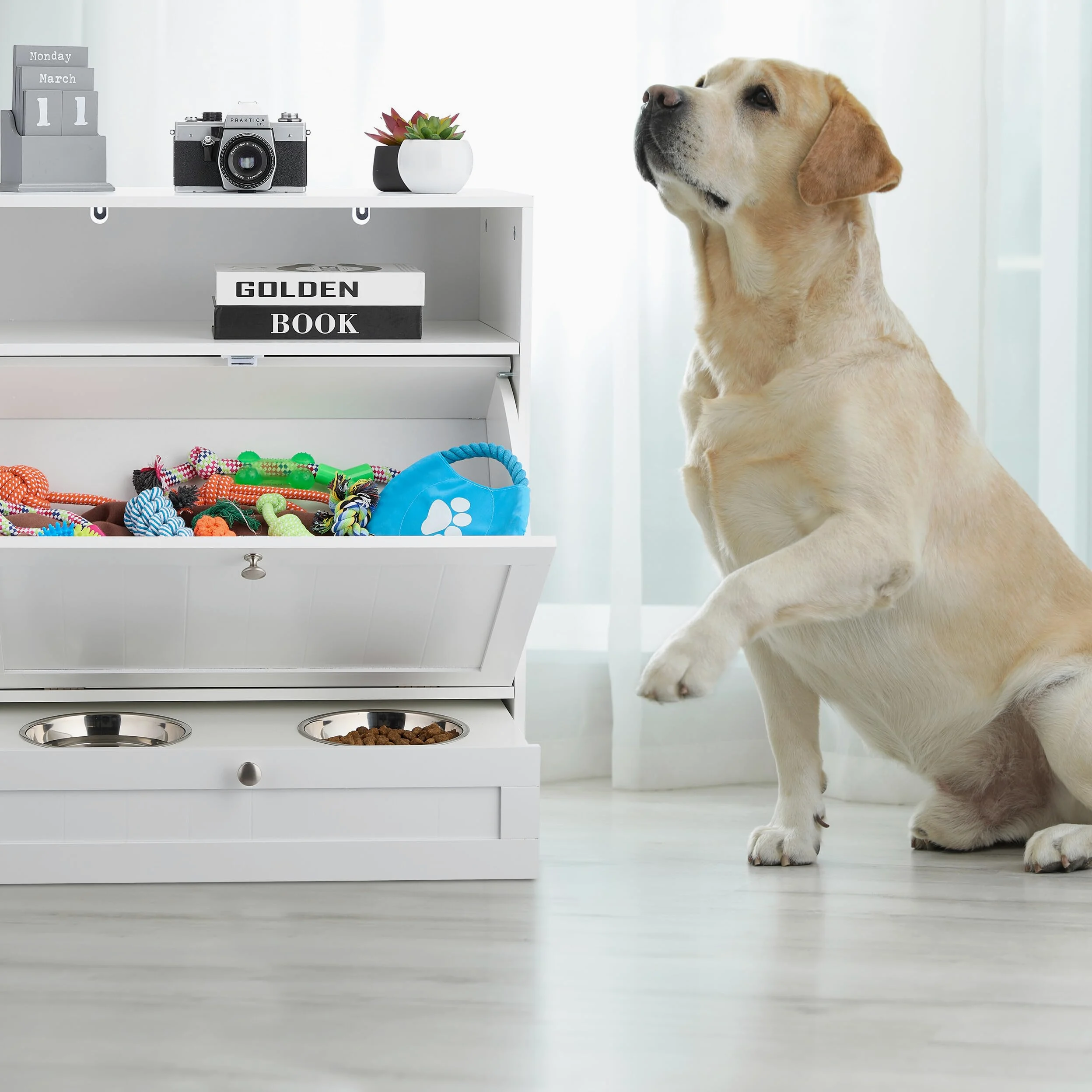 Relaxdays Ciotole Rialzate per Cani con Armadietto, Cassetto con 2 Scodelle e Ribaltina, HxLxP: 68x60x33 cm, MDF, Bianco