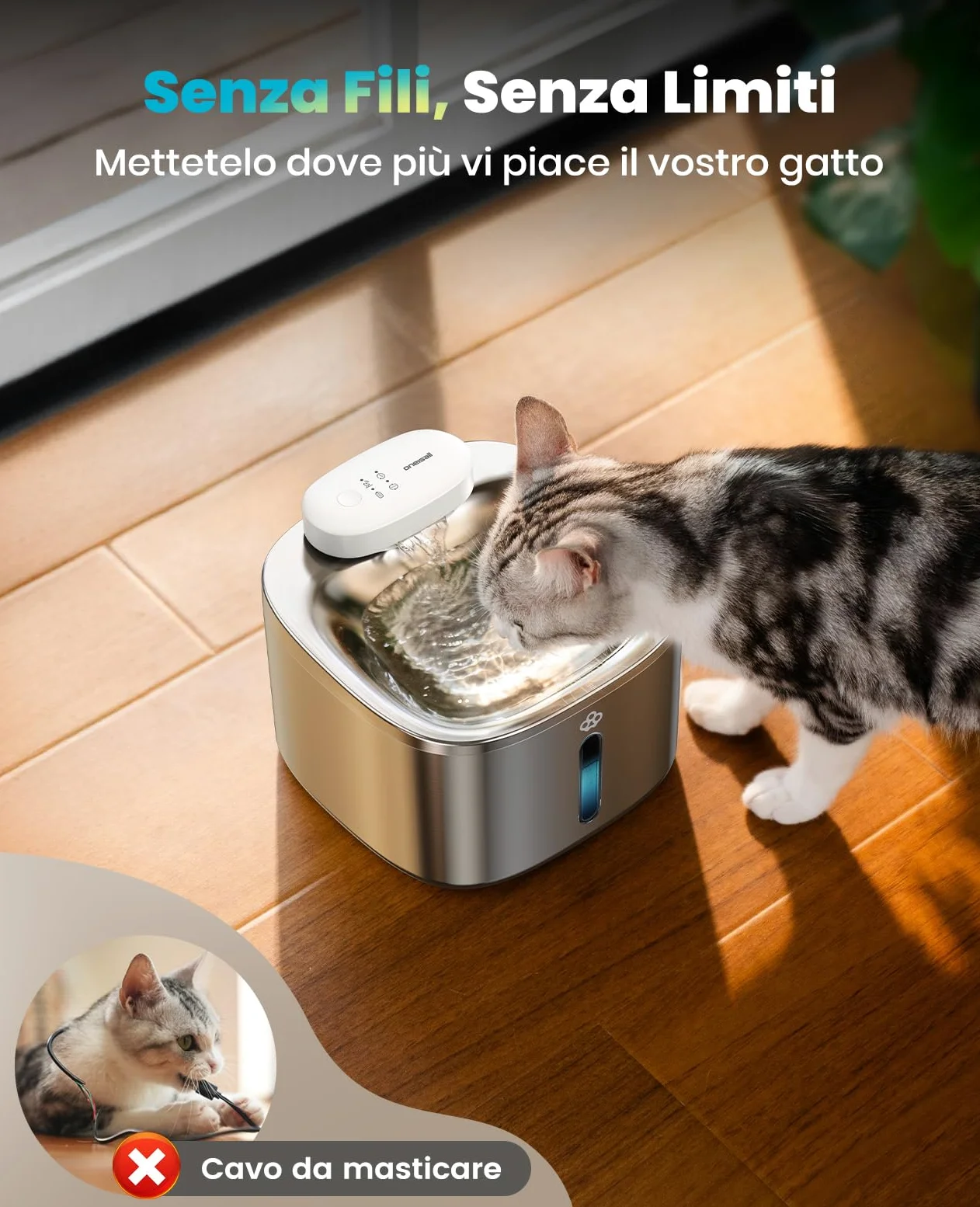 oneisall Fontana per gatti senza fili, Fontana per gatti da 3,5L in acciaio inox, batteria da 5000 mAh, fontanella per gatti con rilevatore di movimento, pompa dell'acqua silenziosa, 3 filtri