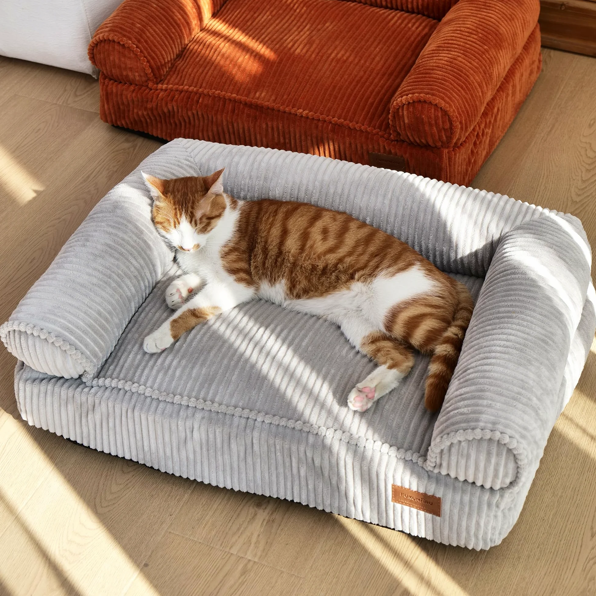 FUKUMARU Cuccia Gatto Interno,Tessuto Sfoderabile e Lavabile in Velluto a Coste, Letto per Gatti Ergonomico con Sostegno Integrato, Divano per Cani di Media Taglia, Base Antiscivolo, 72x52x22 cm