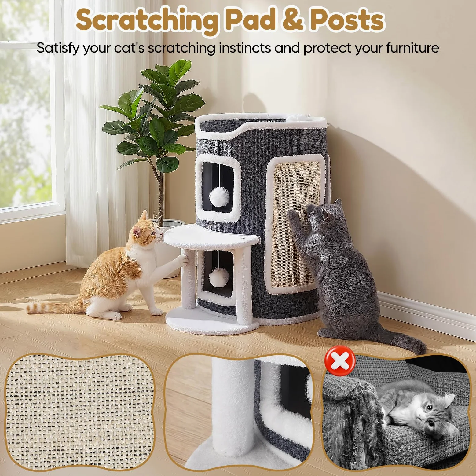 Cuccia per gatti a 3 piani, con tiragraffi e piattaforma per gatti da appartamento, con 2 grotte e piattaforma di visualizzazione, mobili per gatti con palla da gioco, 43 x 62 cm, grigio
