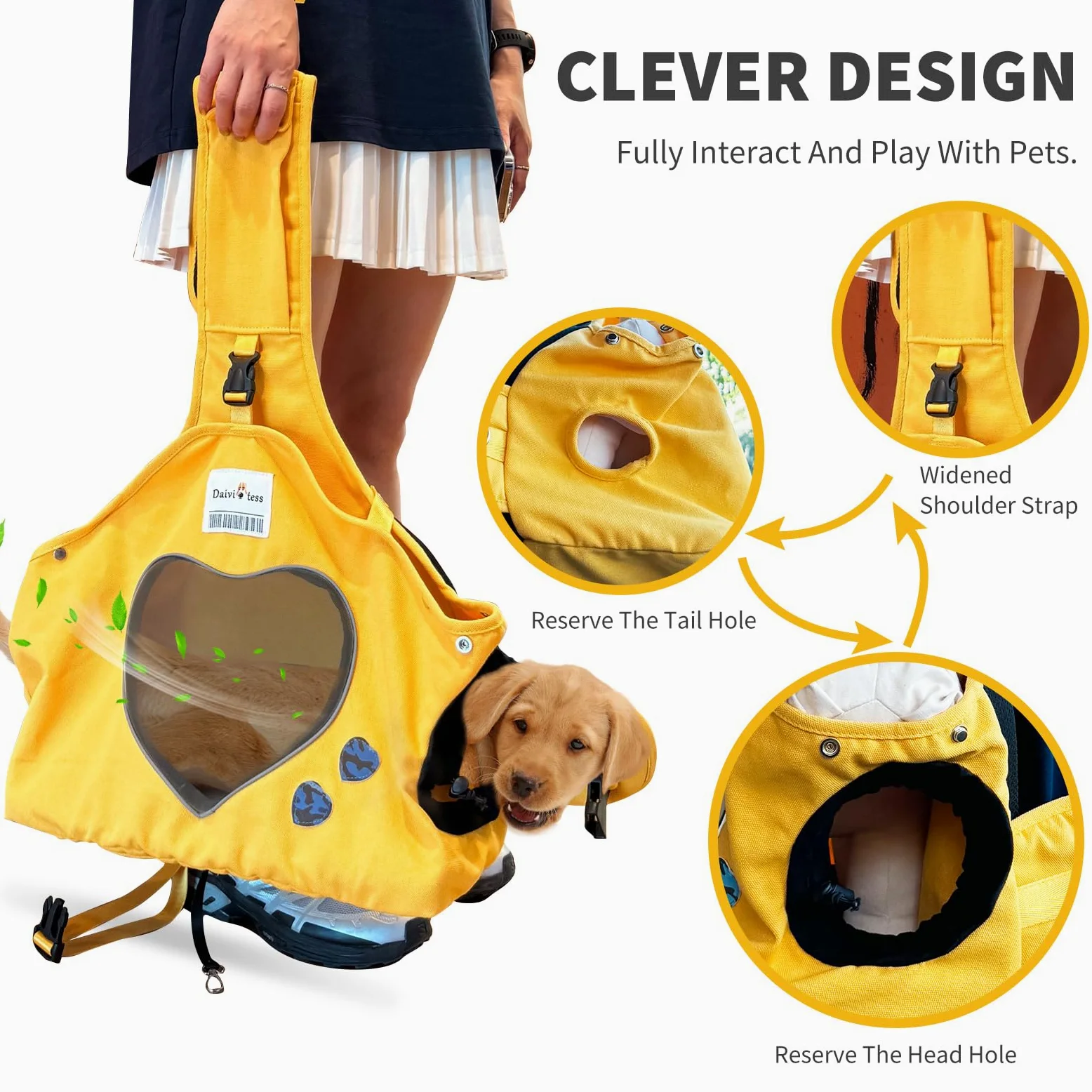 PETCUTE Borsa da trasporto per cani regolabile, tracolla ergonomica a mani libere per animali medi (10 kg max.) - Uso esterno/viaggio/metropolitana (giallo)