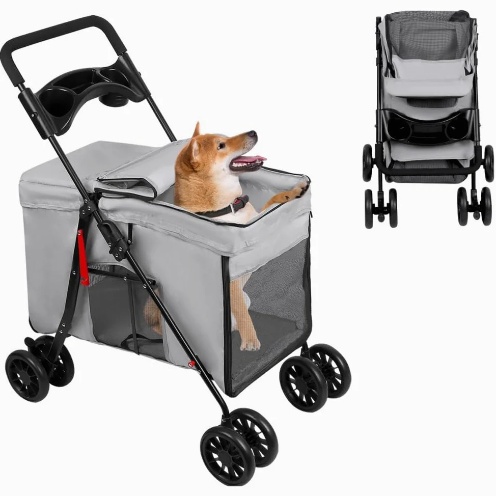 OHMG Passeggino cane gatto passeggino pieghevole cuscino incluso ruote con freno tessuto 600D Oxford acciaio per animali meno di 20 kg, 95 x 75 x 49 cm