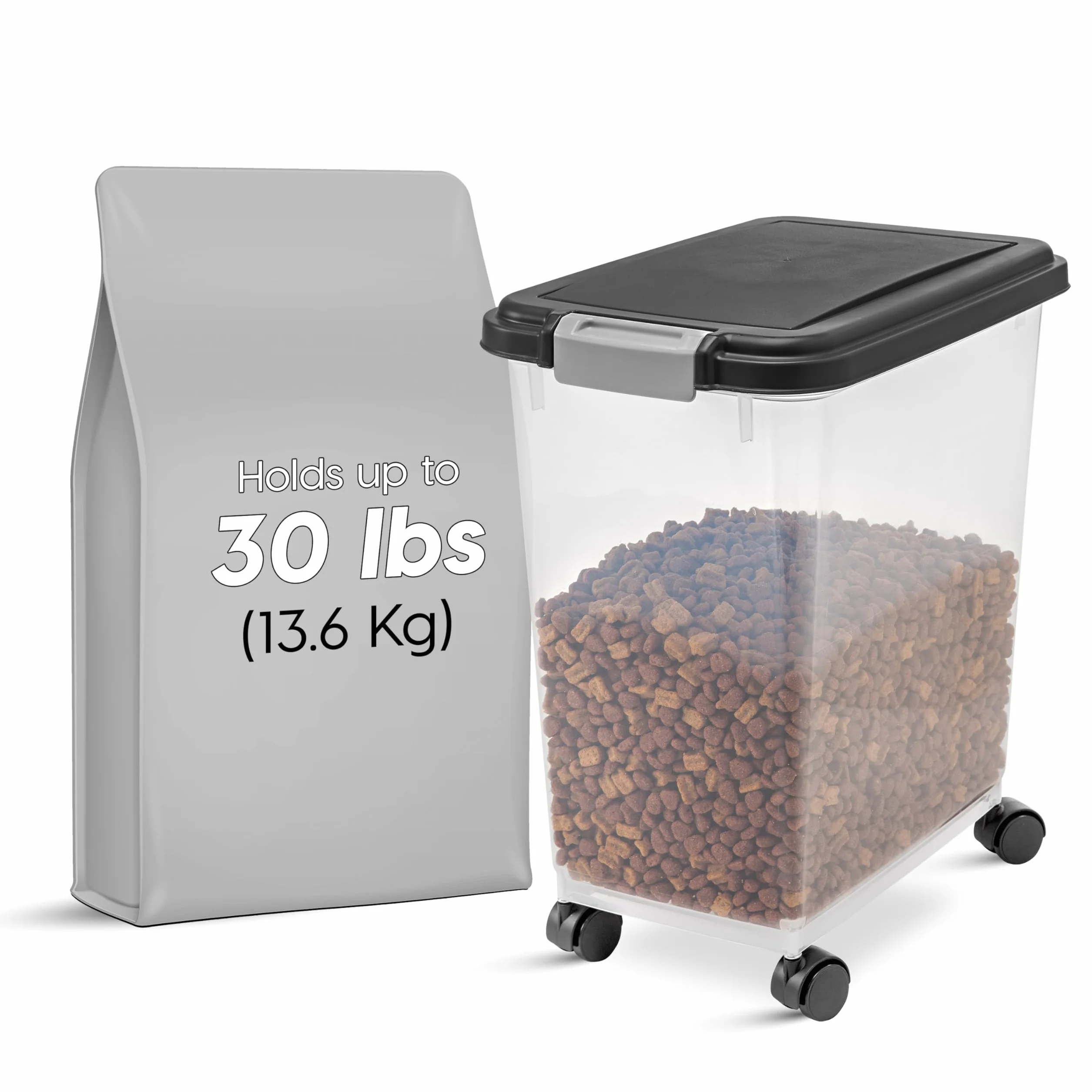 IRIS USA - Contenitore ermetico per cibo per cani, con paletta da 2 tazze e ciotola per mangiatoia lenta, fino a 13,6 kg, con ruote attaccabili, ciotola antiscivolo a becco corto, facile da pulire,
