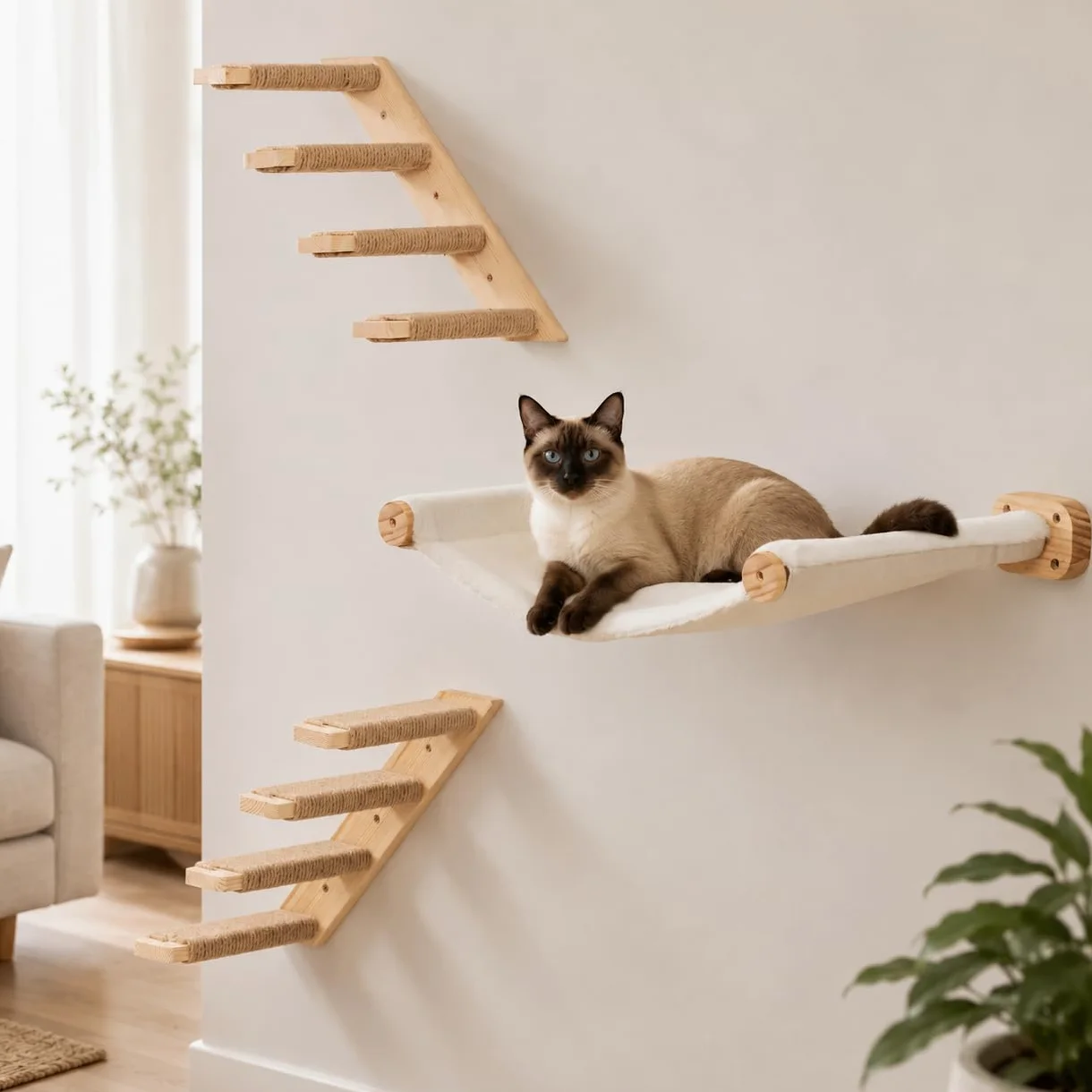 Amaca da parete per gatti, con 2 gradini, in legno, per dormire, giocare, arrampicarsi, rilassarsi