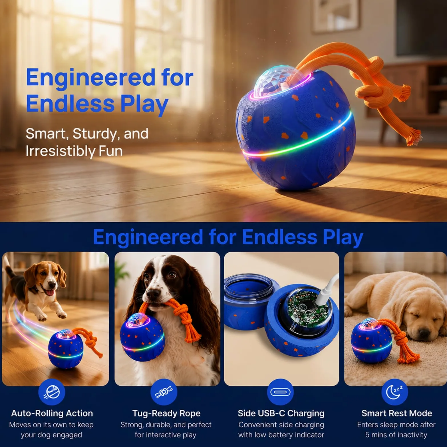 Pallina Interattiva per Cani, Palla Interattiva 3 Modalità, E-TPU, Ricarica USB-C, Sicura Anti-ingestione, Per Cani Piccoli e Grandi (Blu)