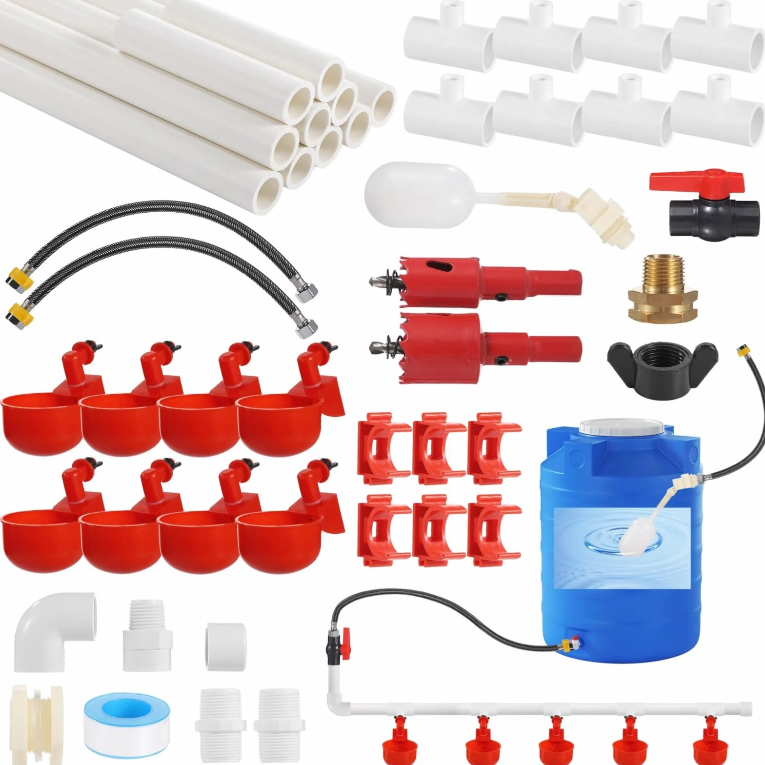Sistema di irrigazione automatico completo per polli, tubi in PVC, tubi da giardino, valvola galleggiante, kit di tazze d'acqua a prova di perdite