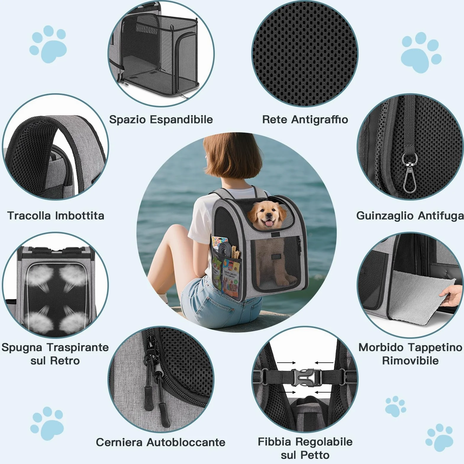 Zaino per Cani Gatti Estensibile, Zaino Gatto Cane 10 kg, Traspirante Zaino Porta Cane Gatto con Finestra a Rete, Zaino Trasportino Gatto Cani con Guinzaglio Interno e Tappetino per Viaggi - Grigio
