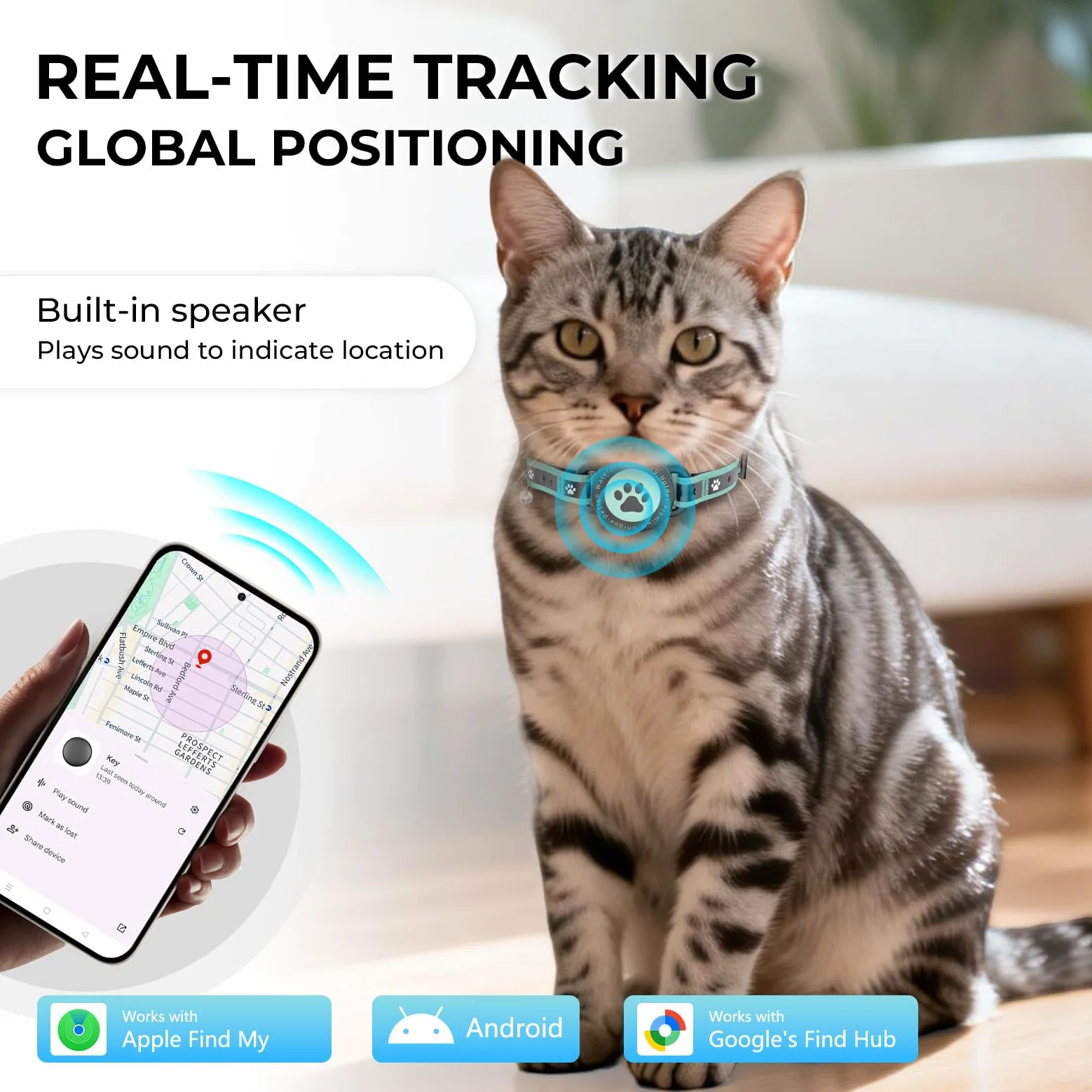 Cat Tracker compatibile con iOS e Android, collare GPS per animali domestici