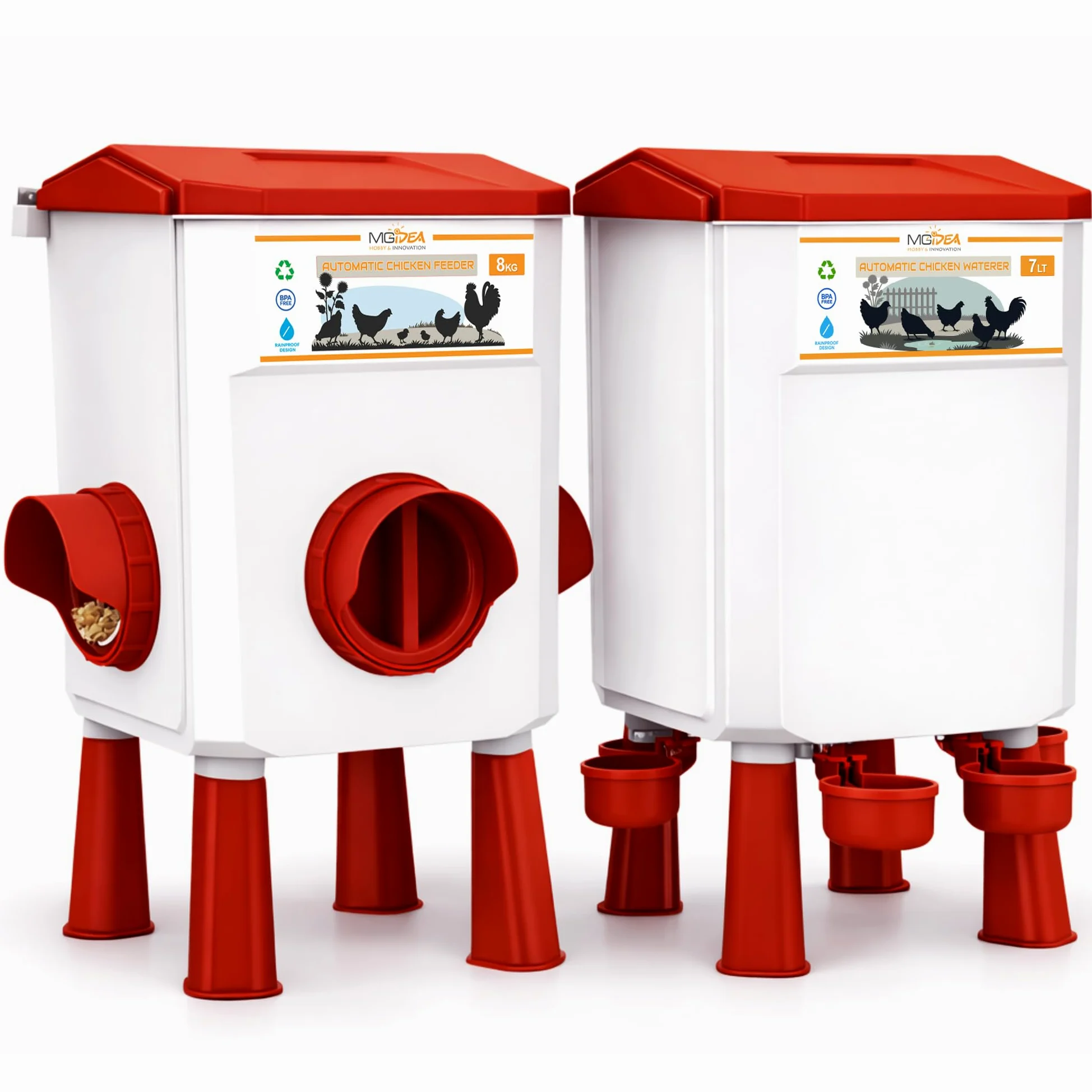 KIT MANGIATOIA ABBEVERATOIO GALLINE DISPENSER AUTOMATICO SISTEMA DISTRIBUTORE ACQUA MANGIME POLLAIO REGOLABILE GIARDINO PULCINI (8 Kg + 7 Lt)