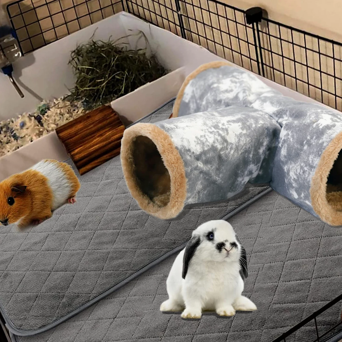 LeerKing 3 Vie Tunnel per Criceti Gioco Piccoli Animali Nascondiglio Pieghevole Caverne Gabbie Accessori Tela Lavabile Coniglio Cavia Furetti Ratti Cincillà Grigio L