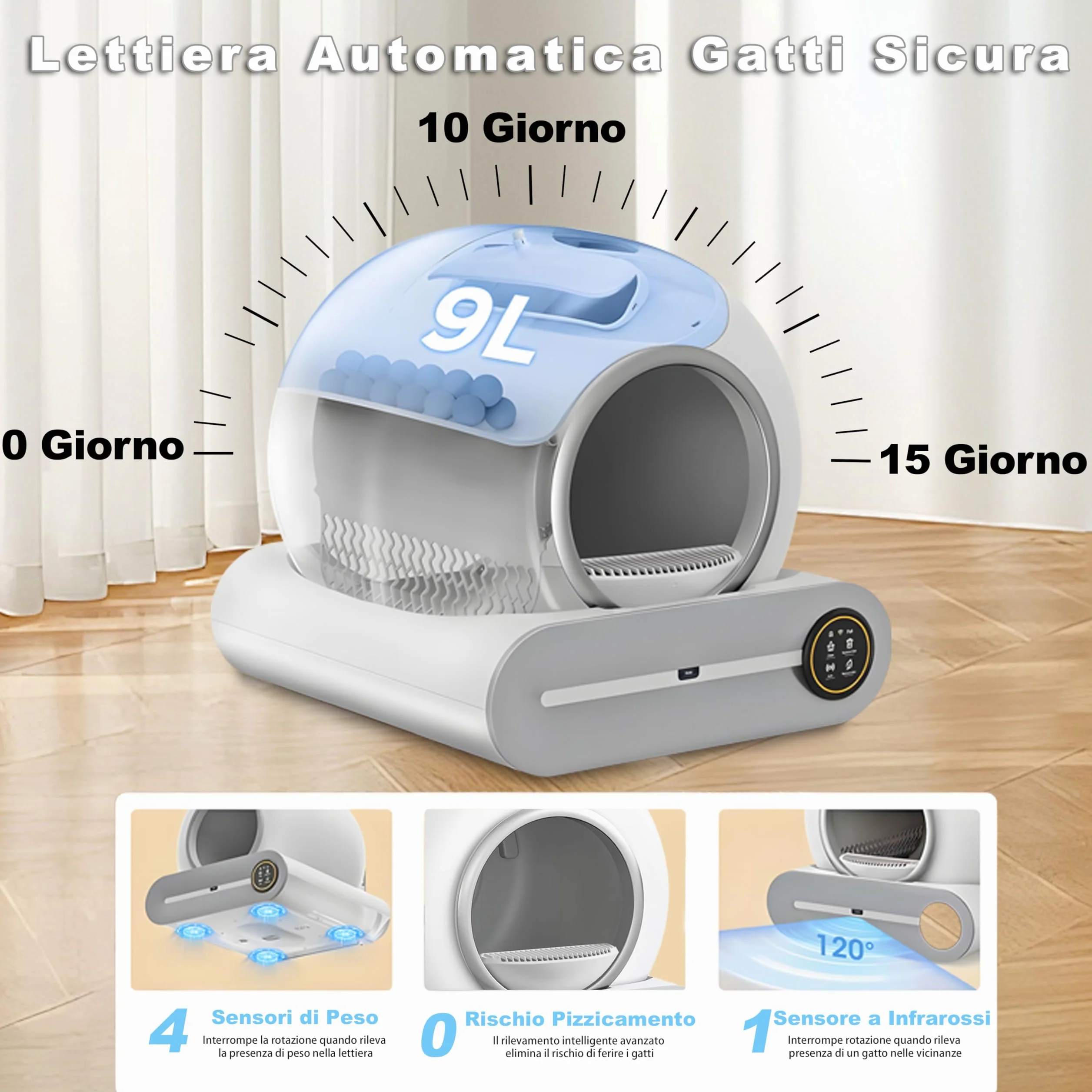 Lettiere Autopulenti Gatti 65L + 9 L con 5 Sacchi Spazzatura e Tappetini Lettiera Gatti, Controllo APP, Deodorante Ionico Lettiera Autopulente per Gatto (A)