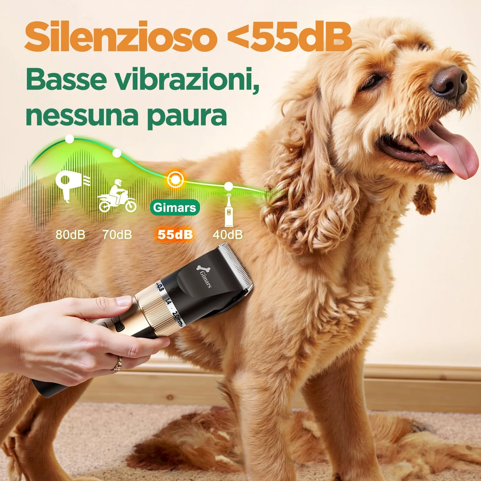 Gimars Silenzioso Tosatrice per Cani Professionale, Impermeabile IPX7 Rasoio per Cani Pelo Lungo, Macchinetta per Gatti, Dorata