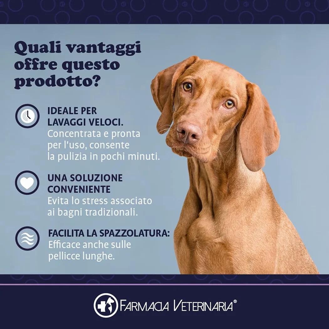 Farmacia Veterinaria Shampoo Secco per Cani - Privo di Parabeni e Coloranti - Shampoo per Cani Profumato e Senza Risciacquo - 250 ml, Prodotto in Italia
