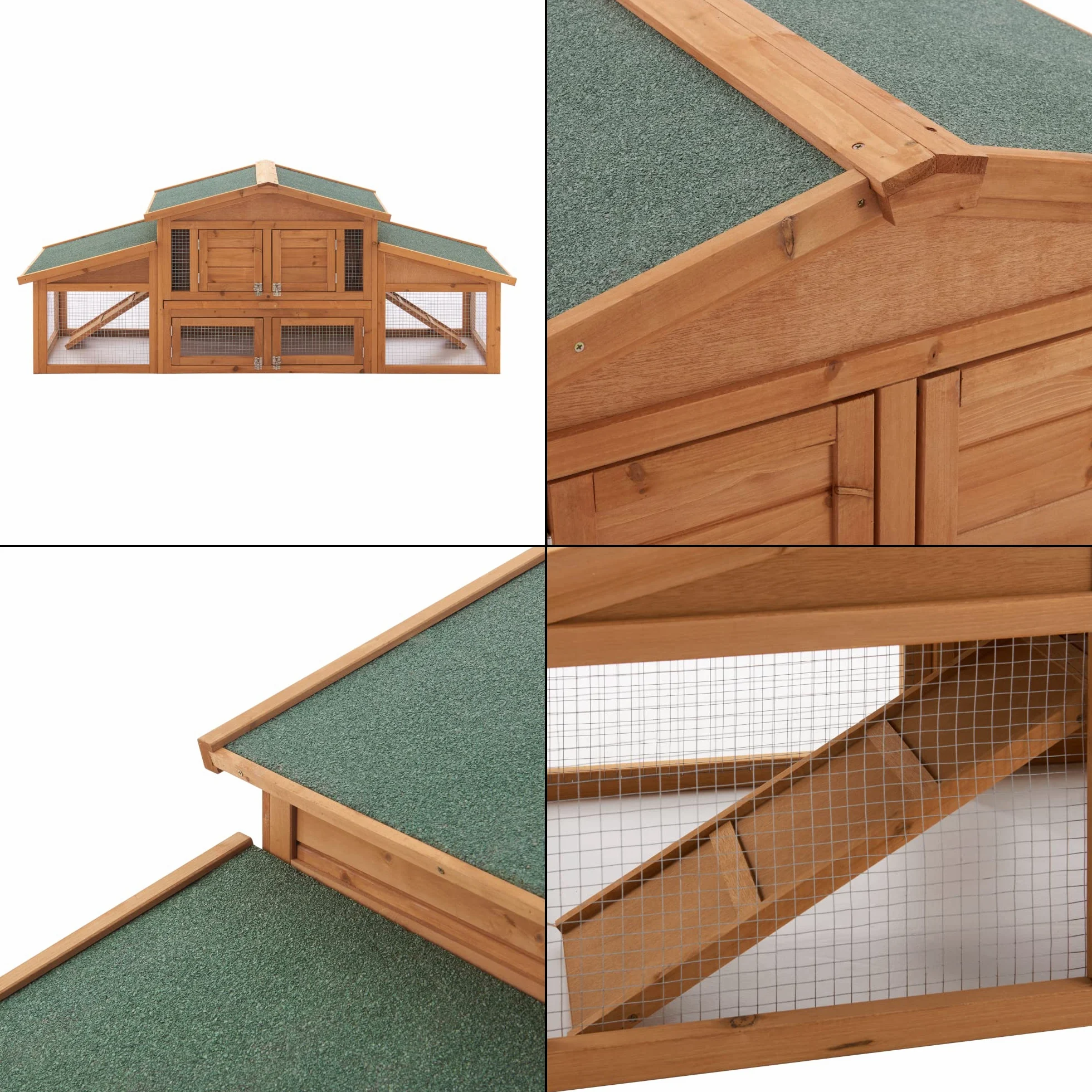 Conigliera Coperta con Tettuccio Impermeabile (AxLxP) 72 x 180 x 62 cm Gabbia con Casetta e Area Recintata, Struttura in Legno, Uso Esterno