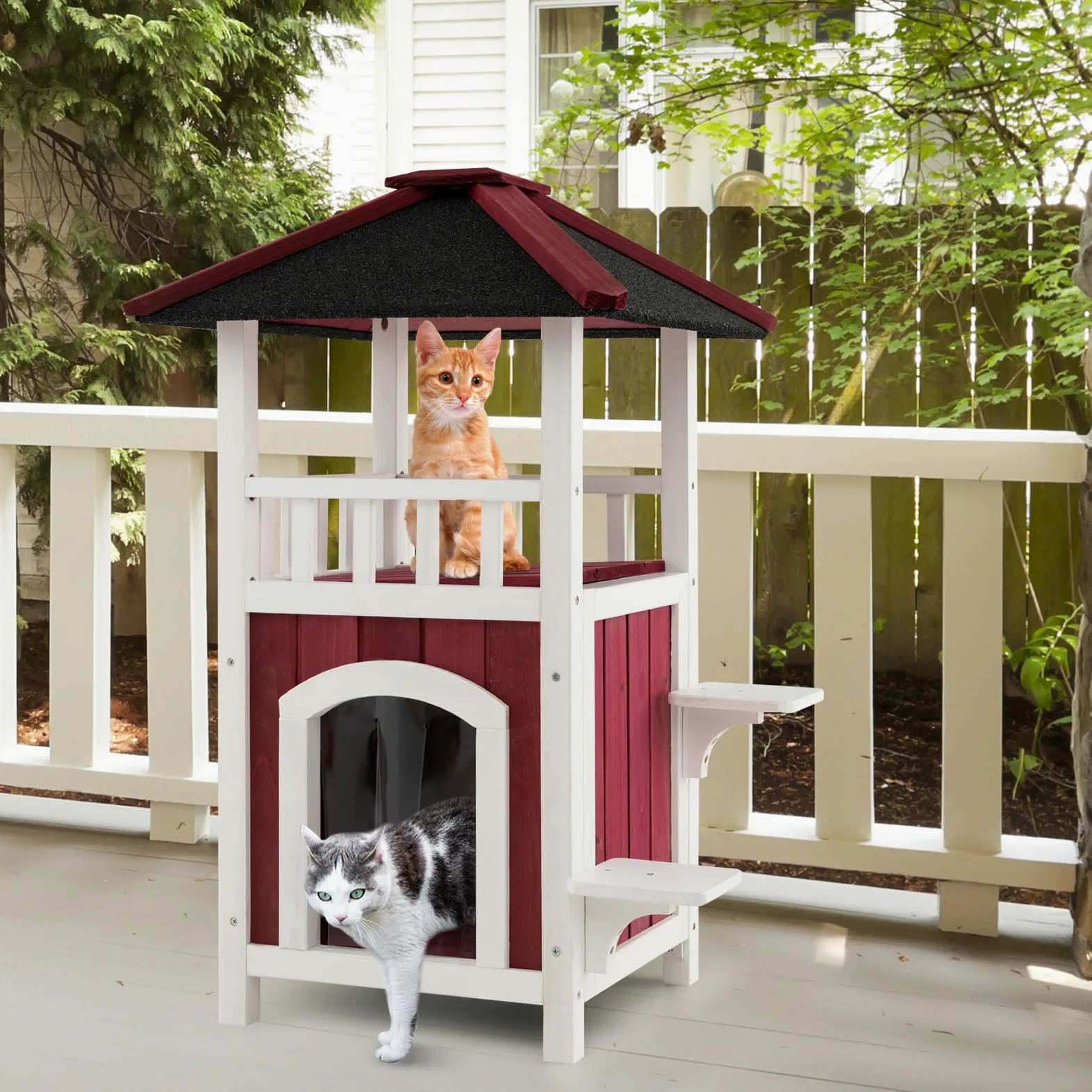 COSTWAY Cuccia per Gatti da Interno ed Esterno, Gasetta per Gatti in Legno a 2 Livelli con Tetto in Asfalto e 2 Piattaforme per Saltare, Casa per Gattini Impermeabile, 58 x 50 x 87 cm