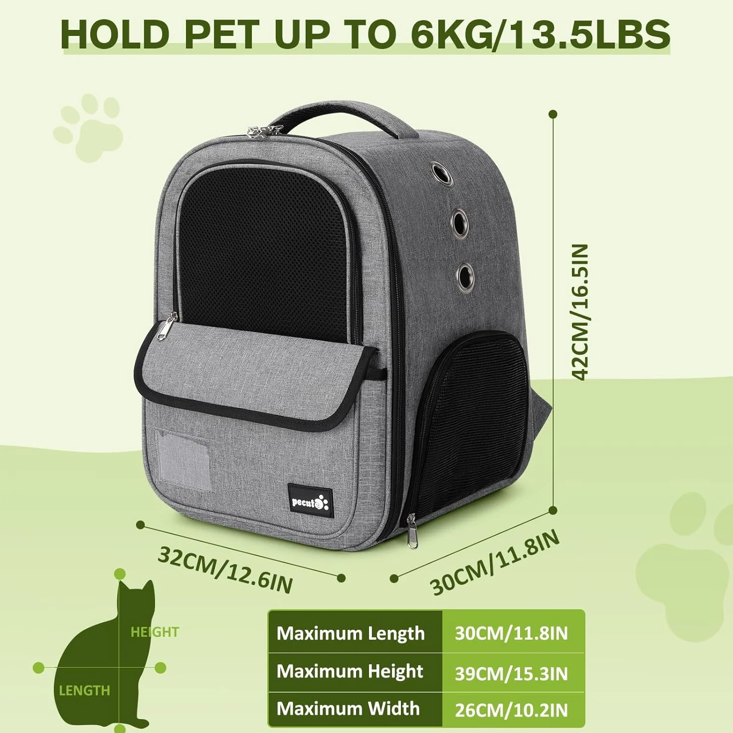 Pecute Zaino Trasportino per Cani e Gatti, Borsa Leggera ed Elegante con Tasche Portaoggetti, Zaino Traspirante in Grigio - Ottimo Regalo per i proprietari di Animali Domestici,Grigio