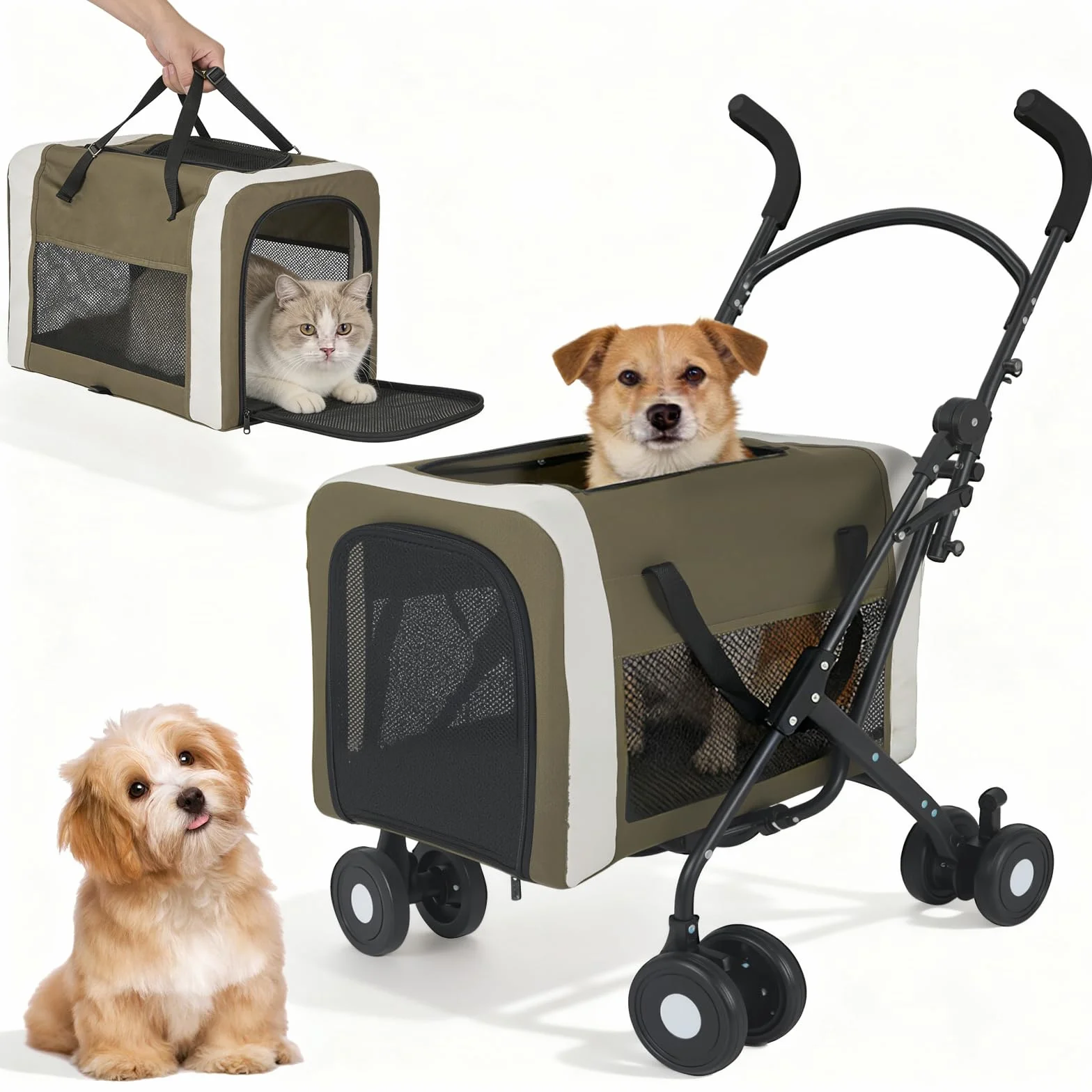 Passeggino per Animali Domestici per Cani e Gatti 30 kg, Passeggino/Trasportino per Animali Domestici 2 in 1, Cestino Pieghevole con Doppio Ingresso, Passeggino per Cani Esterno Portatile