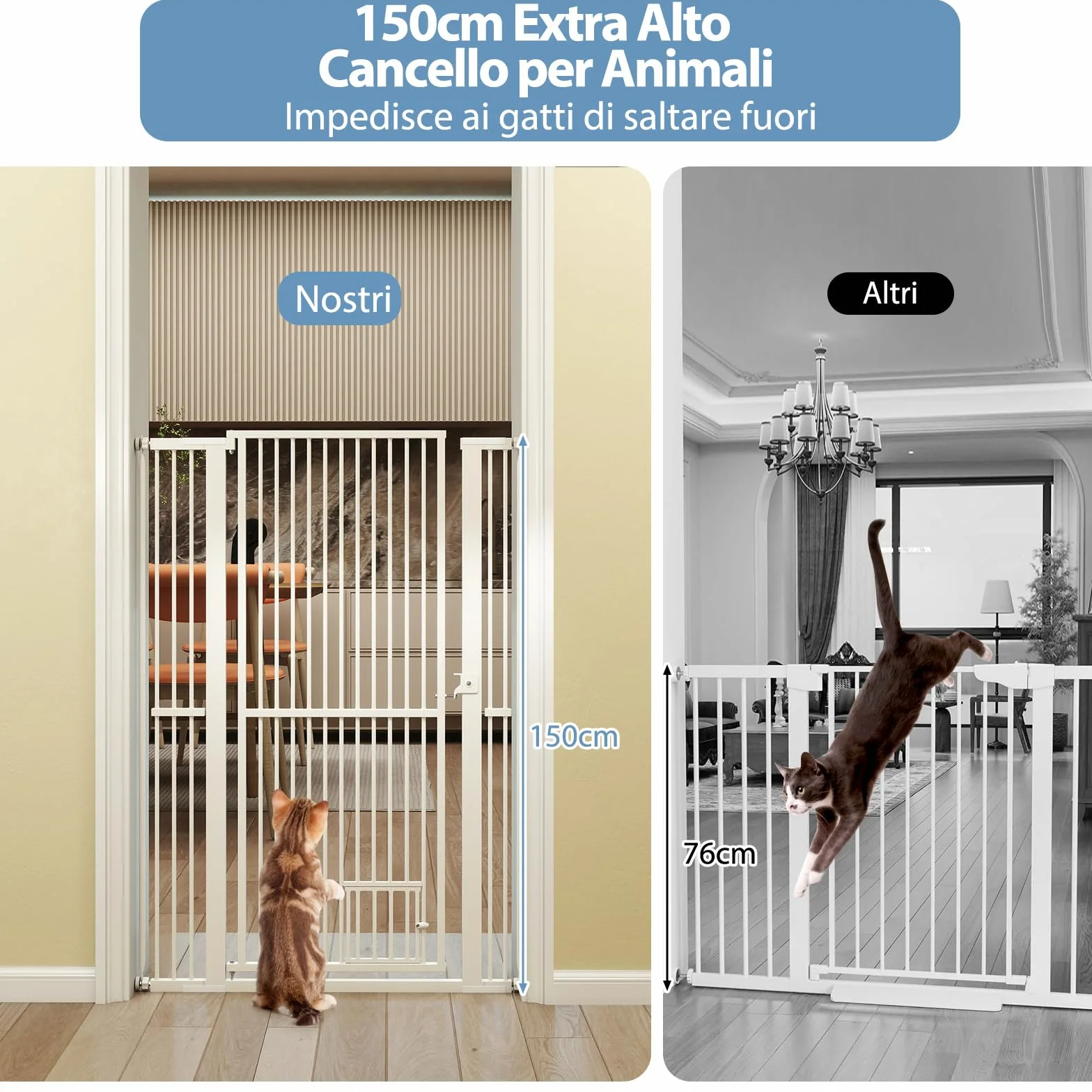 COSTWAY Porta per Animali Domestici Extra Alta, Cancello per Gatti in Metallo Pesante con Apertura da 77-104 cm, 2 Kit di Estensione, Porta Facilmente Percorribile (77-104 cm x 150 cm)