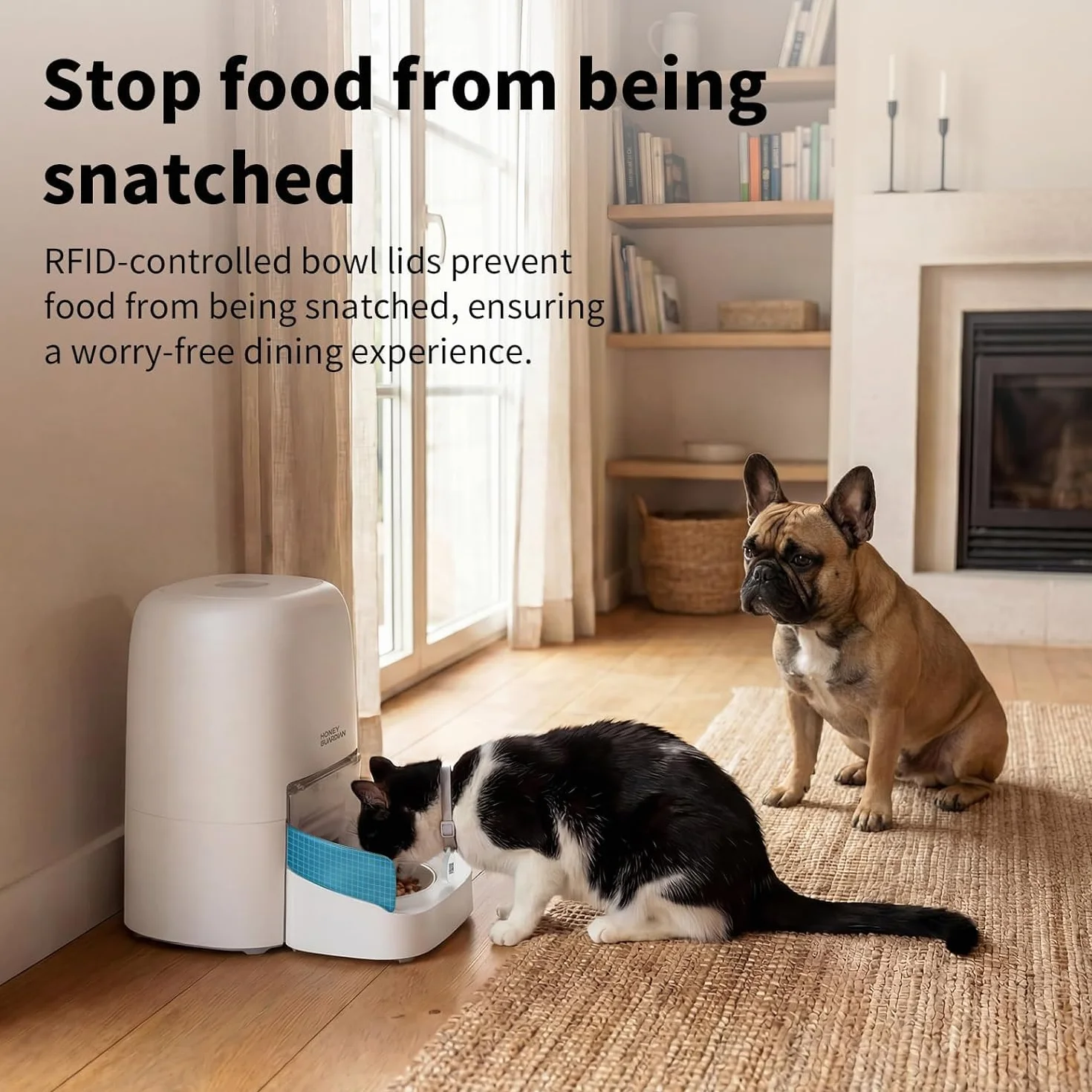 HoneyGuaridan RFID 5G WiFi Distributore Automatico Cibo Gatti, 4.6L Dispenser Crocchette Gatto con Pasti Personalizzati Attivati dal Collare, Monitoraggio Dietetico e Antifurto, Ciotola in Ceramica