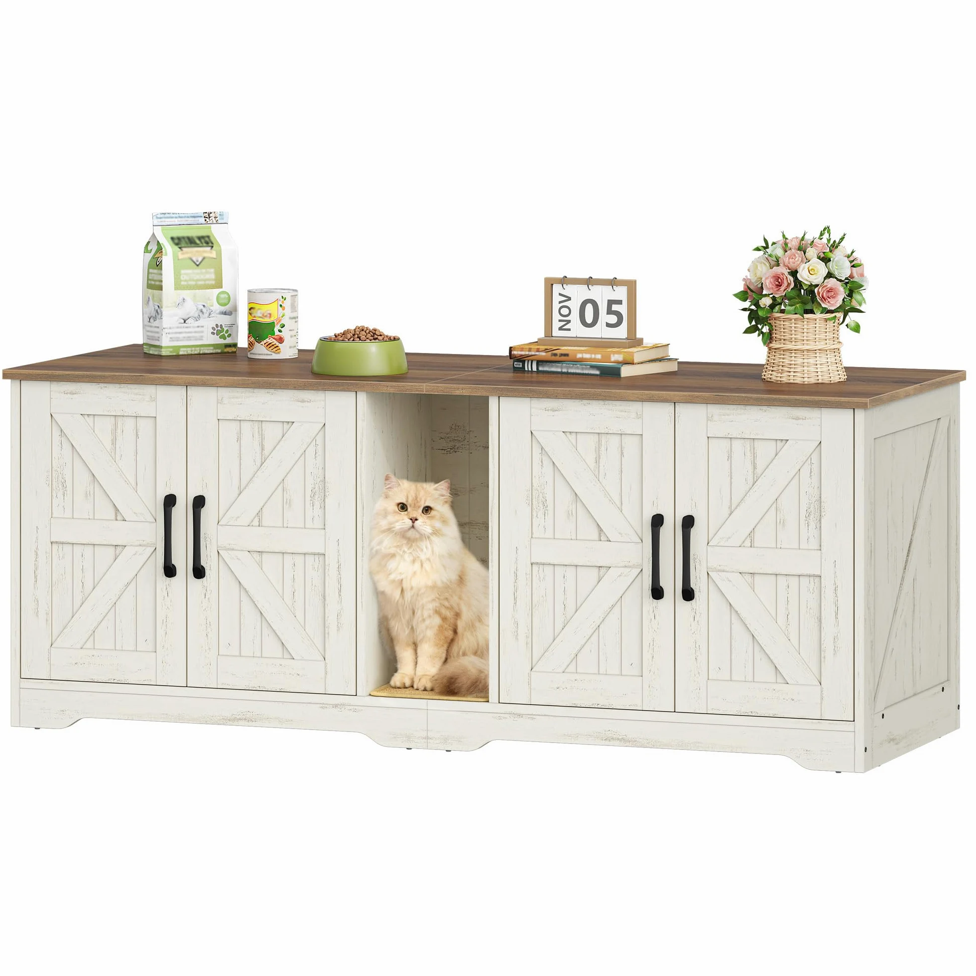 Mobile Lettiera per Gatti per 2 Gatti, Mobiletto per Lettiera Nascosta, Cuccia per Gatto da Interno, Legno Tavolino Laterale con Tappetino Graffiante, 140 x 50 x 55 cm, Marrone e Bianco