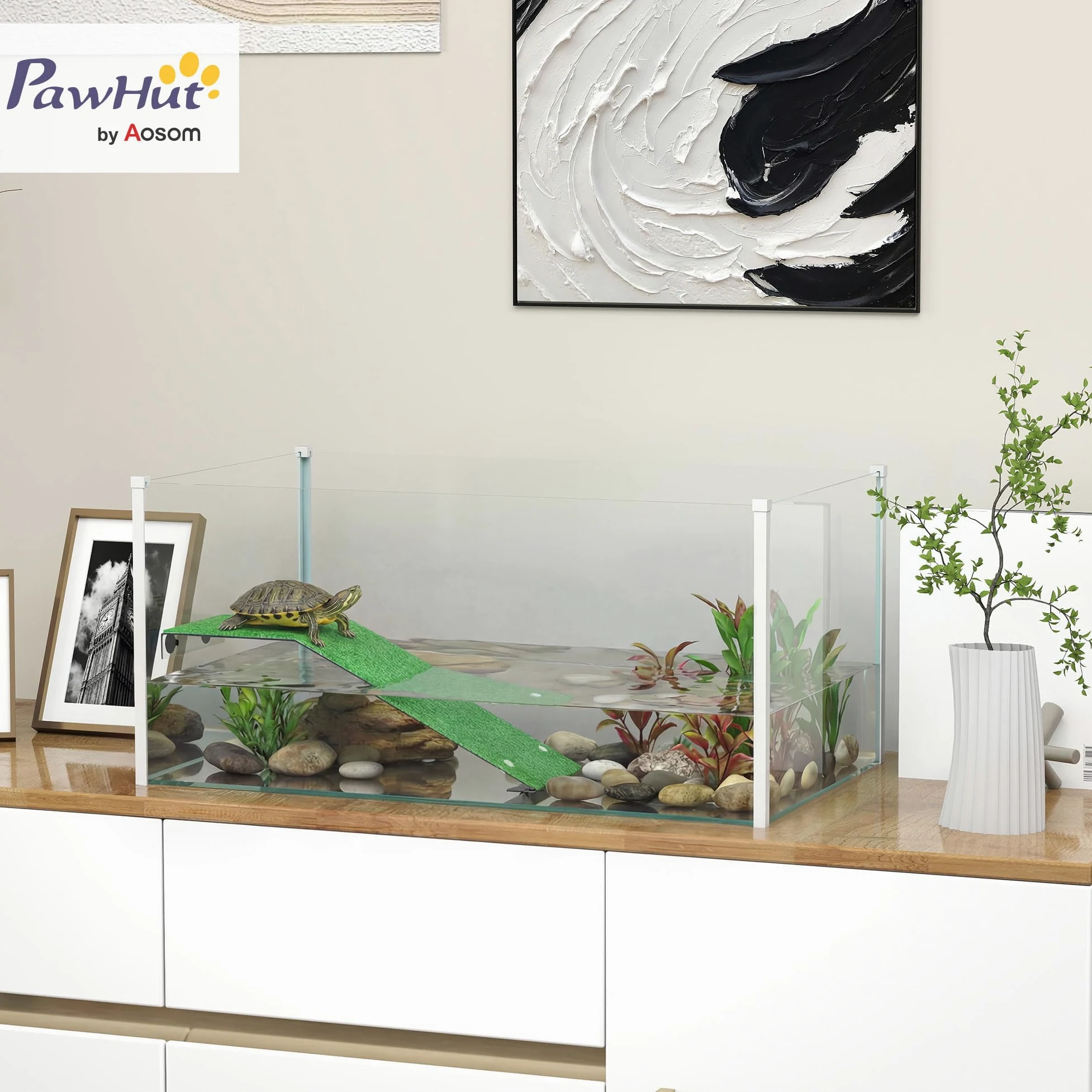 PawHut Acquario per tartarughe, terrario per tartarughe con piattaforma e rampa con superficie in erba artificiale, vista panoramica a 360°, per piccoli pesci, gamberetti, 60x35x28 cm, bianco