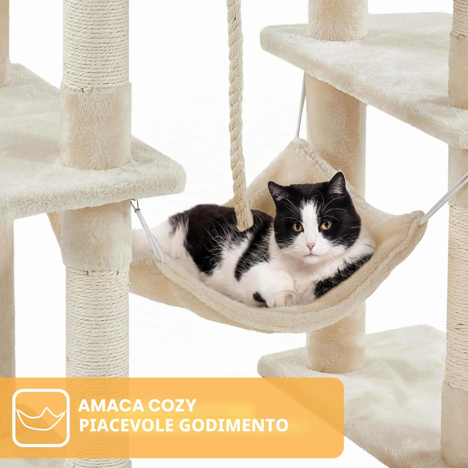 Yaheetech Albero Tiragraffi per Gatti Altezza 209 cm in Truciolato e Corda in Sisal con Condomini Posatoi e Amaca per Gioco e Pisolini Multilivello Beige