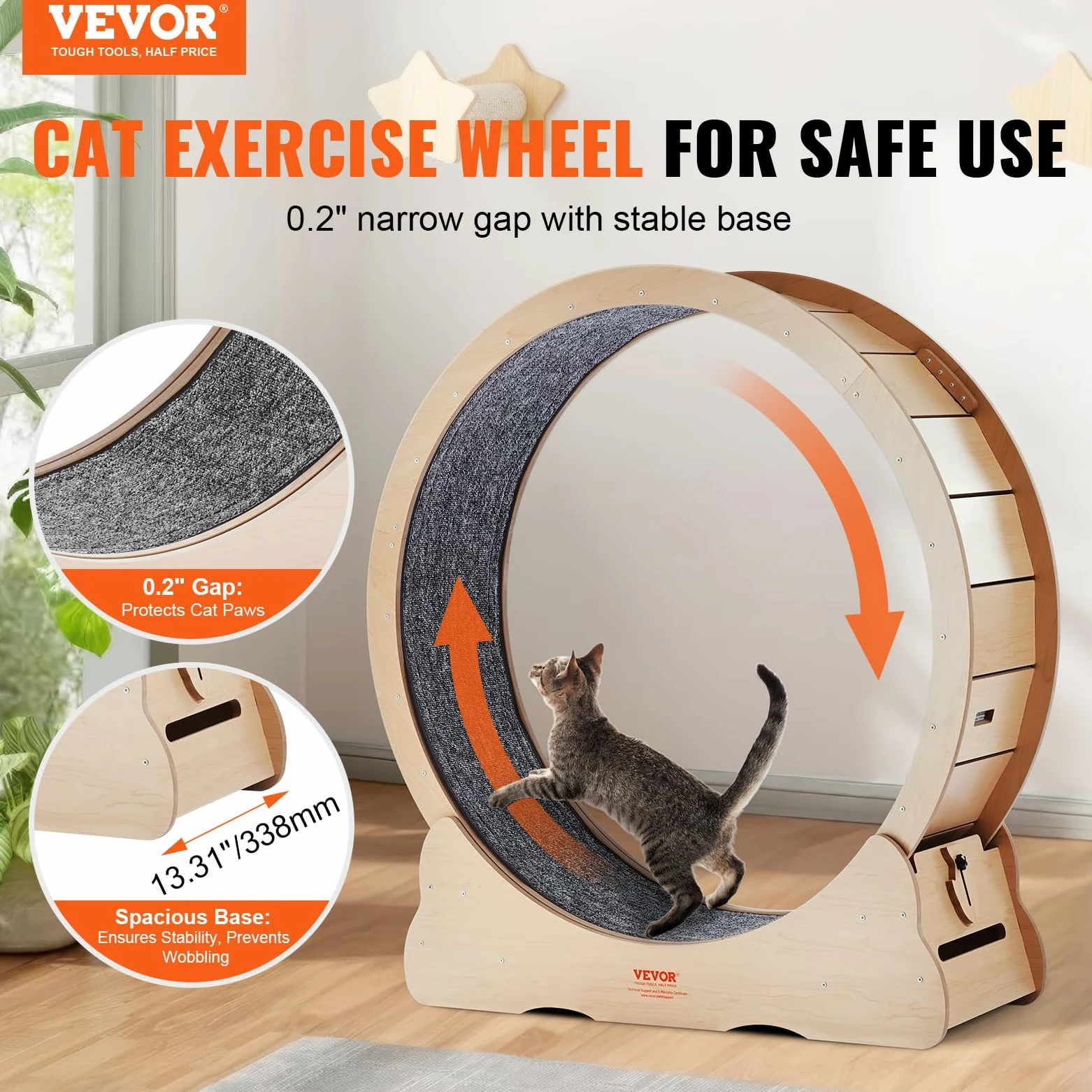 VEVOR Ruota per Esercizi per Gatti in Legno, Ruota per Tapis Roulant per Gatti 110 cm, Ruota Tavola di legno per Corsa con Tappeto Staccabile e Teaser per Gatti per Corsa Allenamento Interno Gialla