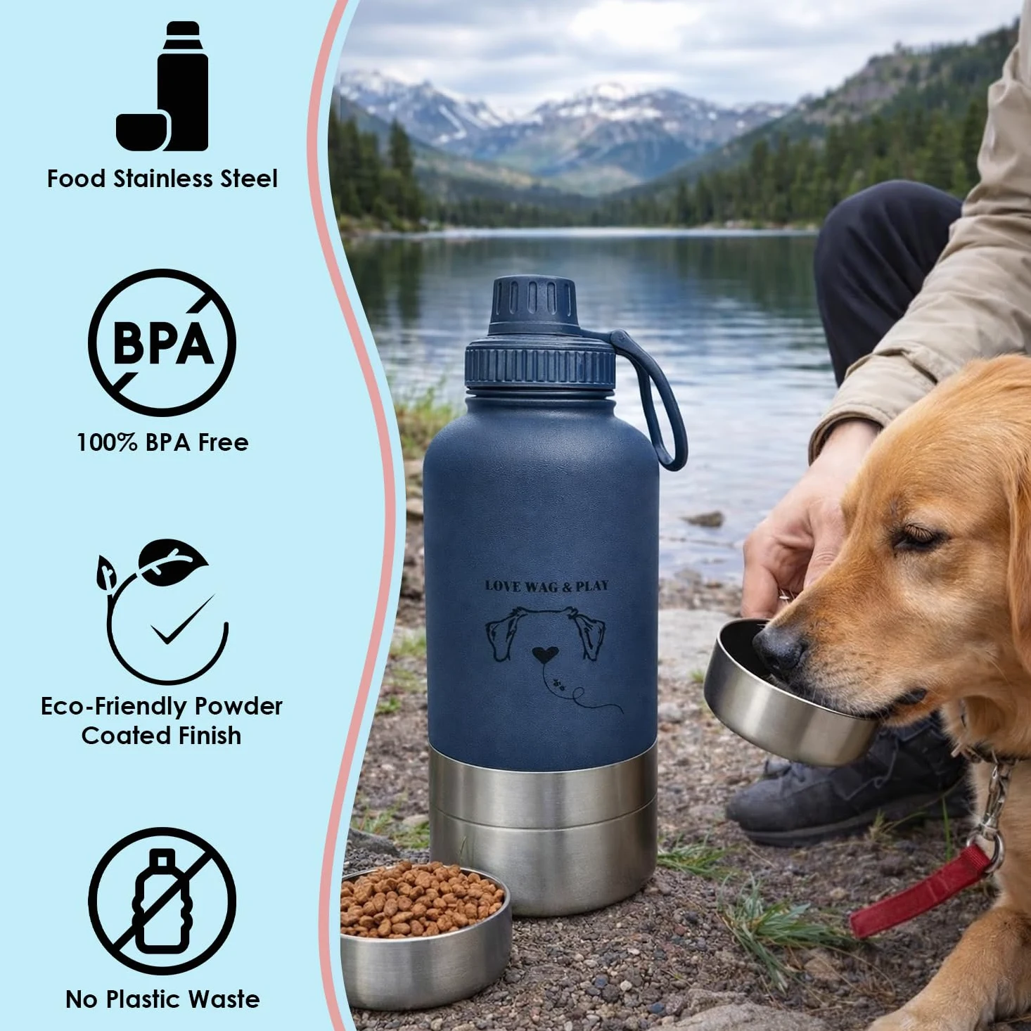 LOVE WAG & PLAY Borraccia per cani da 32 once – Borraccia portatile 2 in 1 per animali domestici, con ciotole integrate, a prova di perdite, senza BPA, per escursioni, passeggiate, uso esterno (blu