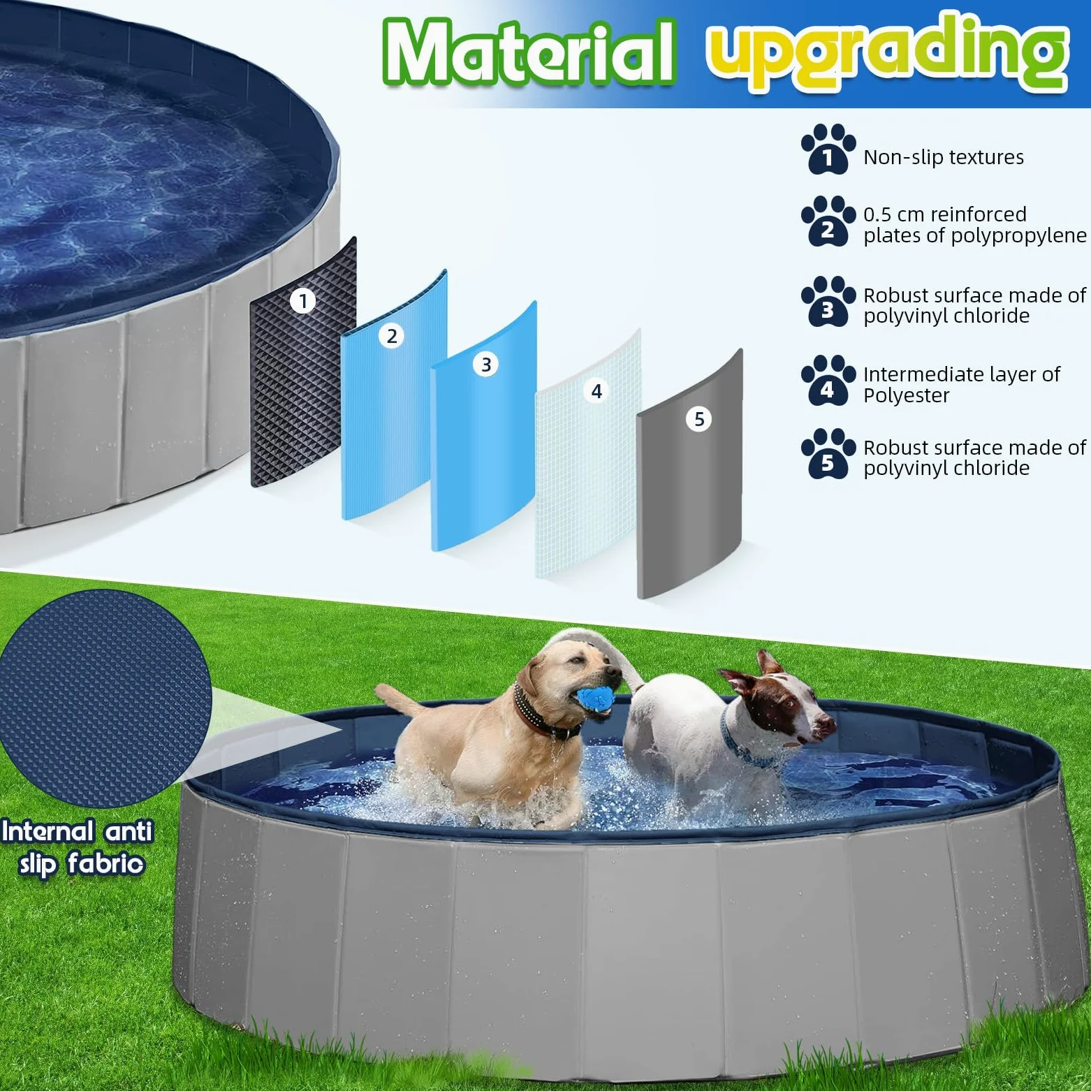 Piscina per cani extra large, 160 cm, resistente, pieghevole, per cani di grossa taglia, antiscivolo, con valvola di scarico e 2 giocattoli da masticare, piscina pieghevole per cani, per giardino