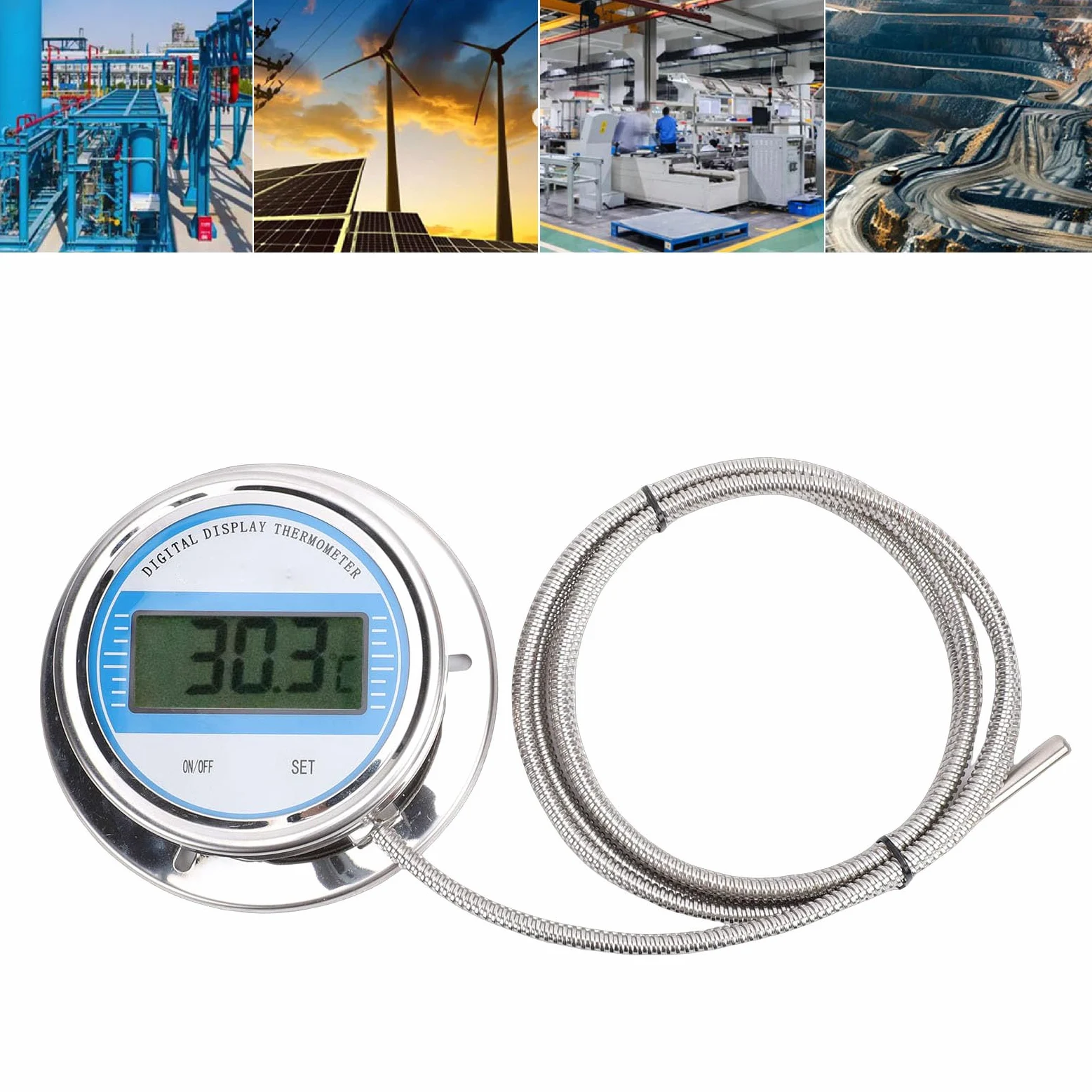Eujgoov Termometro Digitale Ad Alta Precisione da -50 a 200°C, Indicatore di Temperatura in Acciaio Inossidabile con Sonda da 3 Metri, Sensore Filettato per Cottura di Tubi di Caldaia