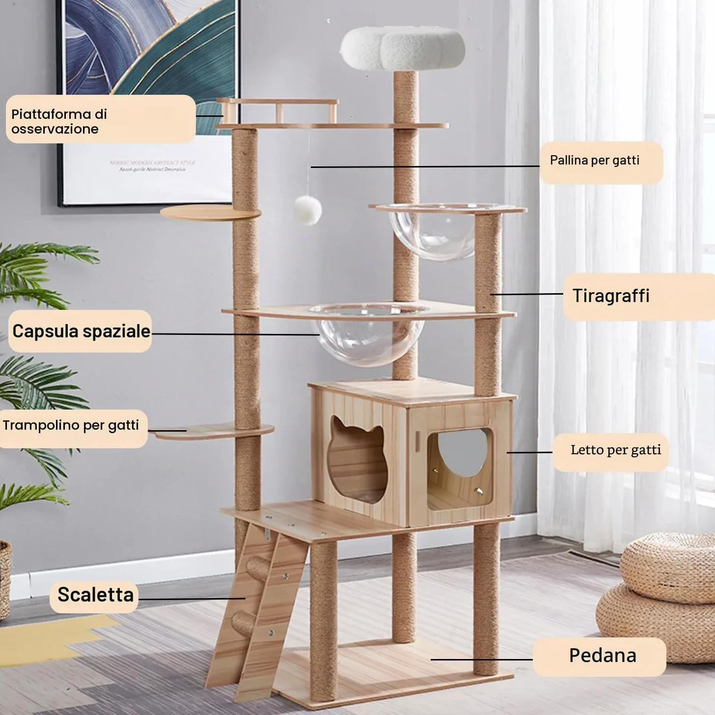 Albero per gatti da 170 cm, per interni, grande, adulto, torre con condominio, scale per gatti, 2 ciotole, 14 tiragraffi in sisal, posatoio superiore, con piattaforma imbottita, palline