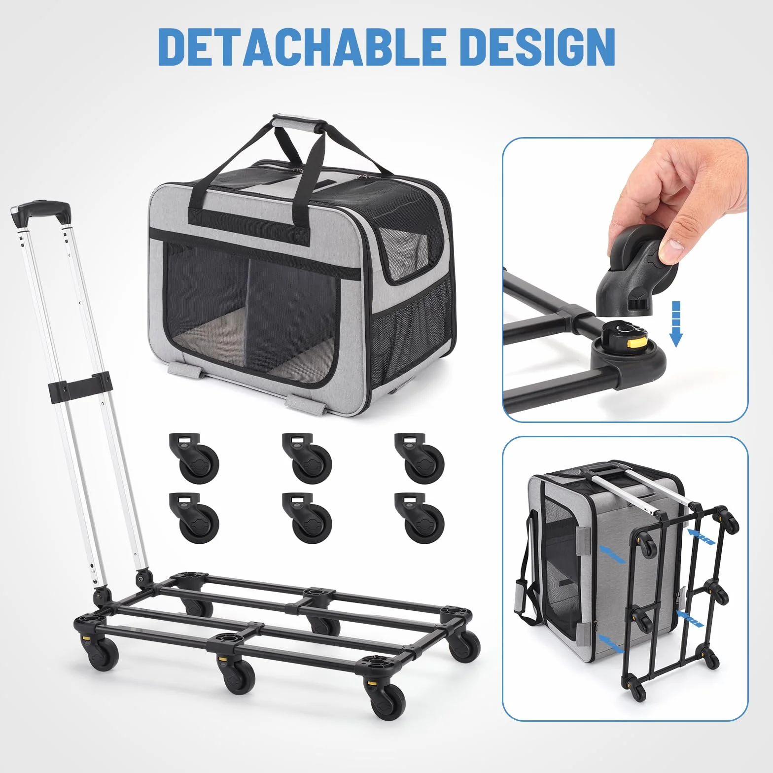 Trasportino Trolley XL per 2 Gatti Grandi o Cani Piccoli, 6 Ruote Stabili, Spazio Ampio 2-in-1, Fino a 20 kg, Con Mesh Traspirante e Manico Telescopico
