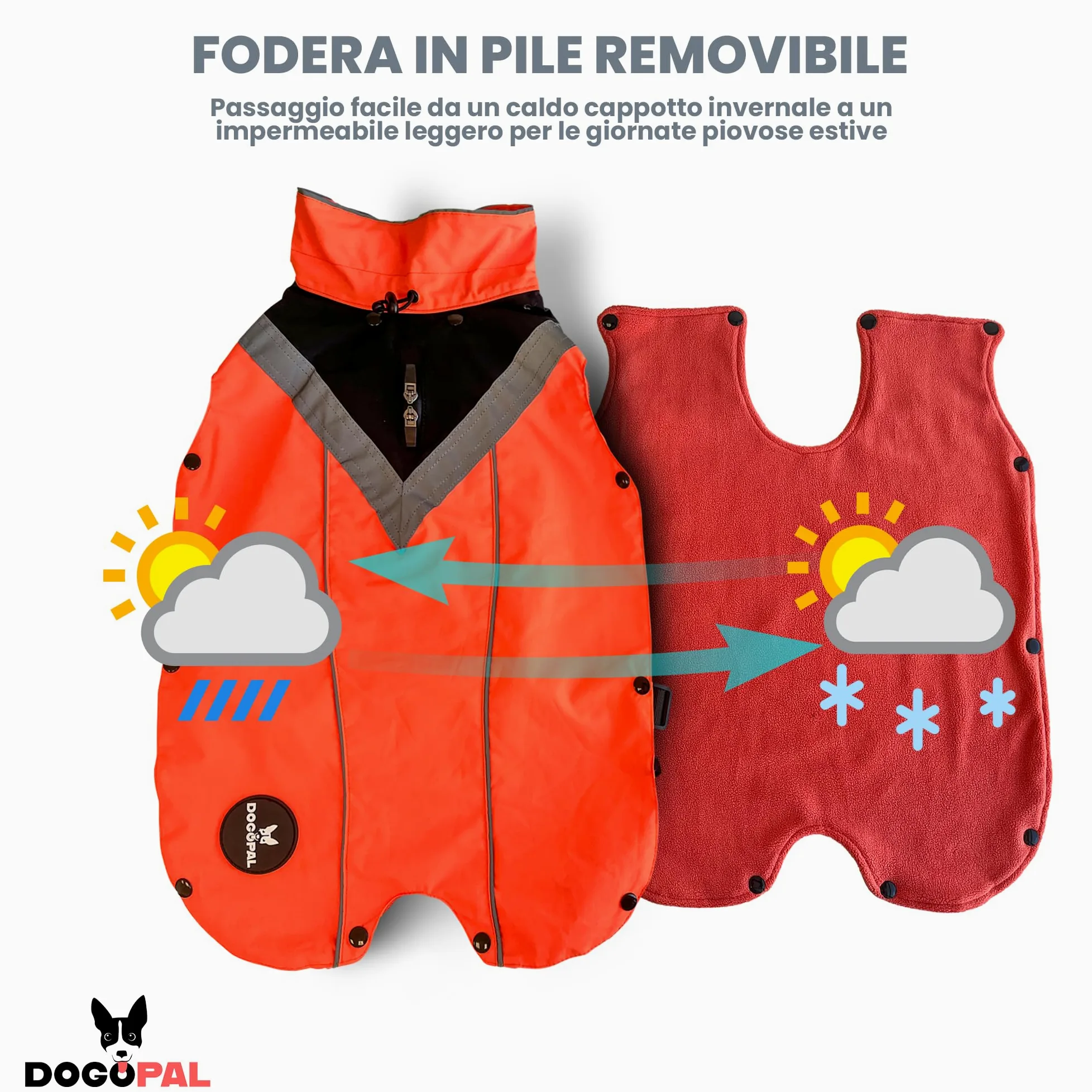 DOGOPAL Cappotto Impermeabile per Cani 2in1 All Weather – Mantello Antipioggia 100% Waterproof e Antivento con Fodera in Pile Rimovibile, Catarifrangente ad Alta Visibilità (Arancione, L)
