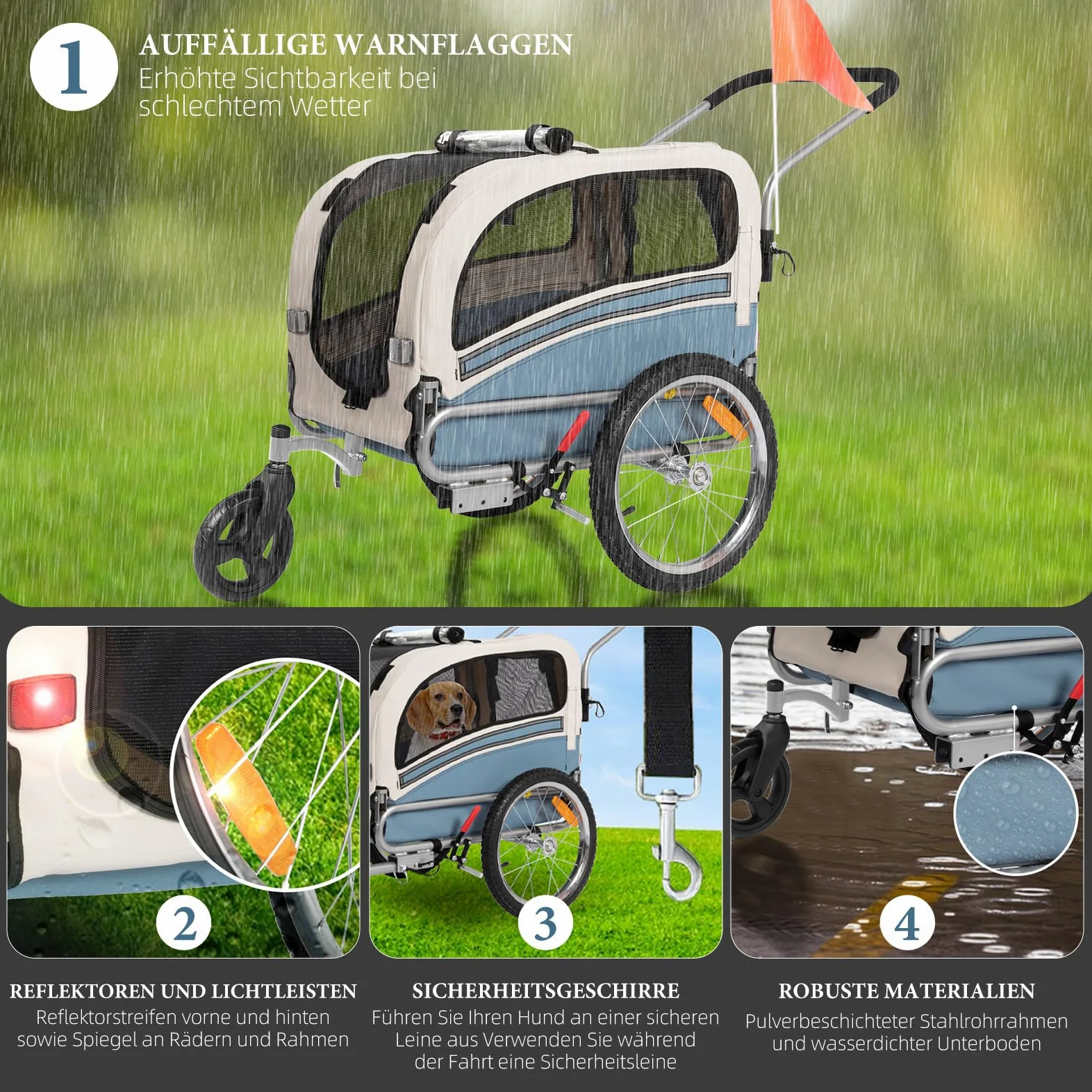 Rimorchio per cani 2 in 1 per bicicletta e jogging – Carrello per cani fino a 30 kg pieghevole con freni, bandierina di segnalazione, uso esterno e domestico, facile da montare