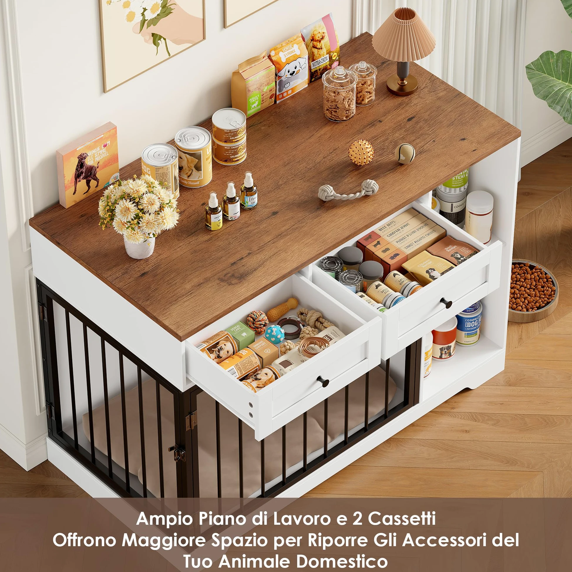FirFurd 120cm Gabbia per Cani con 2 Porte, Kennel Cane Medio con 2 Cassetti e 2 Scomparti Aperti, Cuccia in Stile Mobili con Stoccaggio in Metallo e Legno, 120x60x87 cm (Bianco+Marrone)