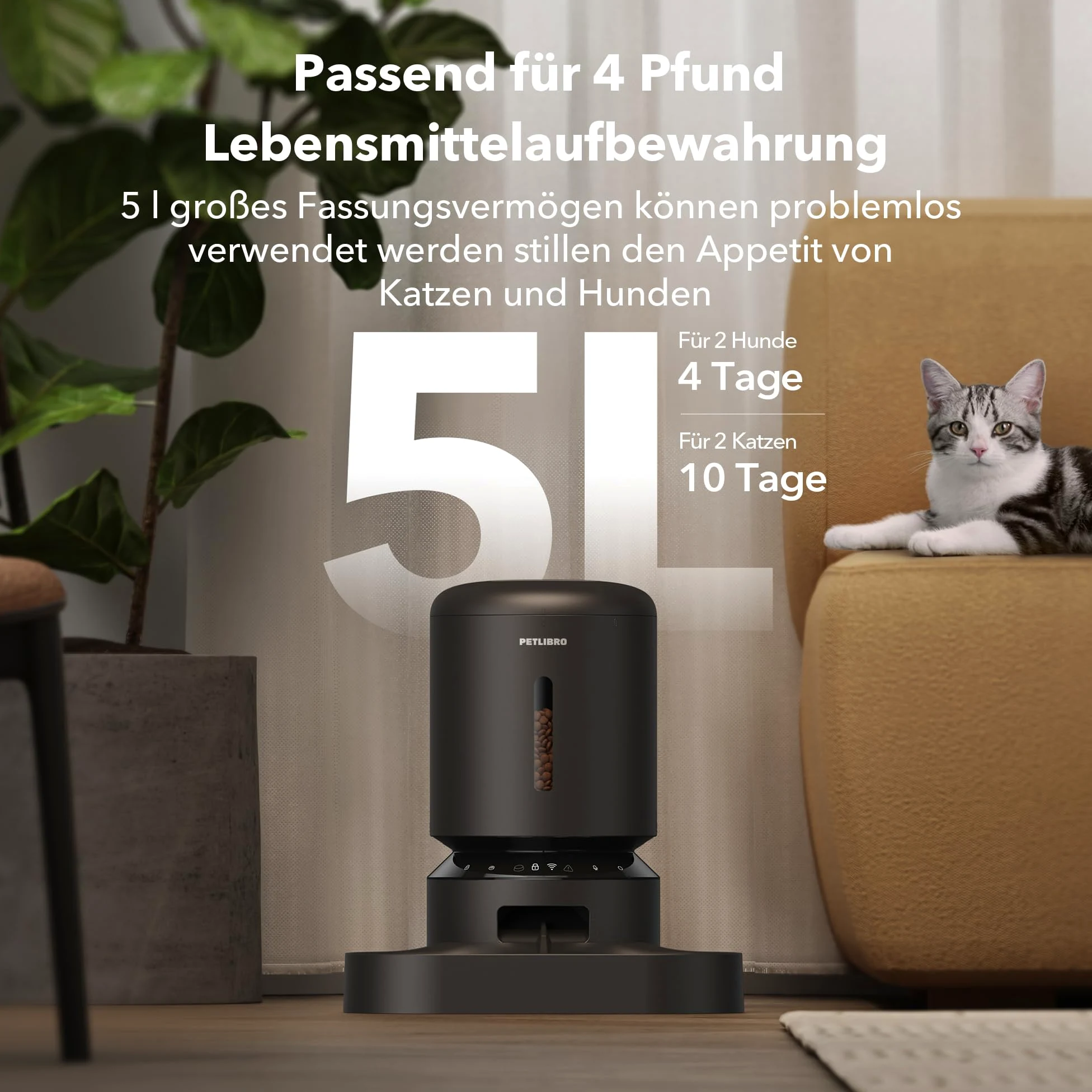 PETLIBRO 5G Wi-Fi Distributore Automatico Cibo Gatti, 5L Distributore Automatico Cibo Cani con 2 Ciotole in Acciaio Inox, 10 Pasti e Controllo del Timer, USB e Batterie, Voce bidirezionale, Nero