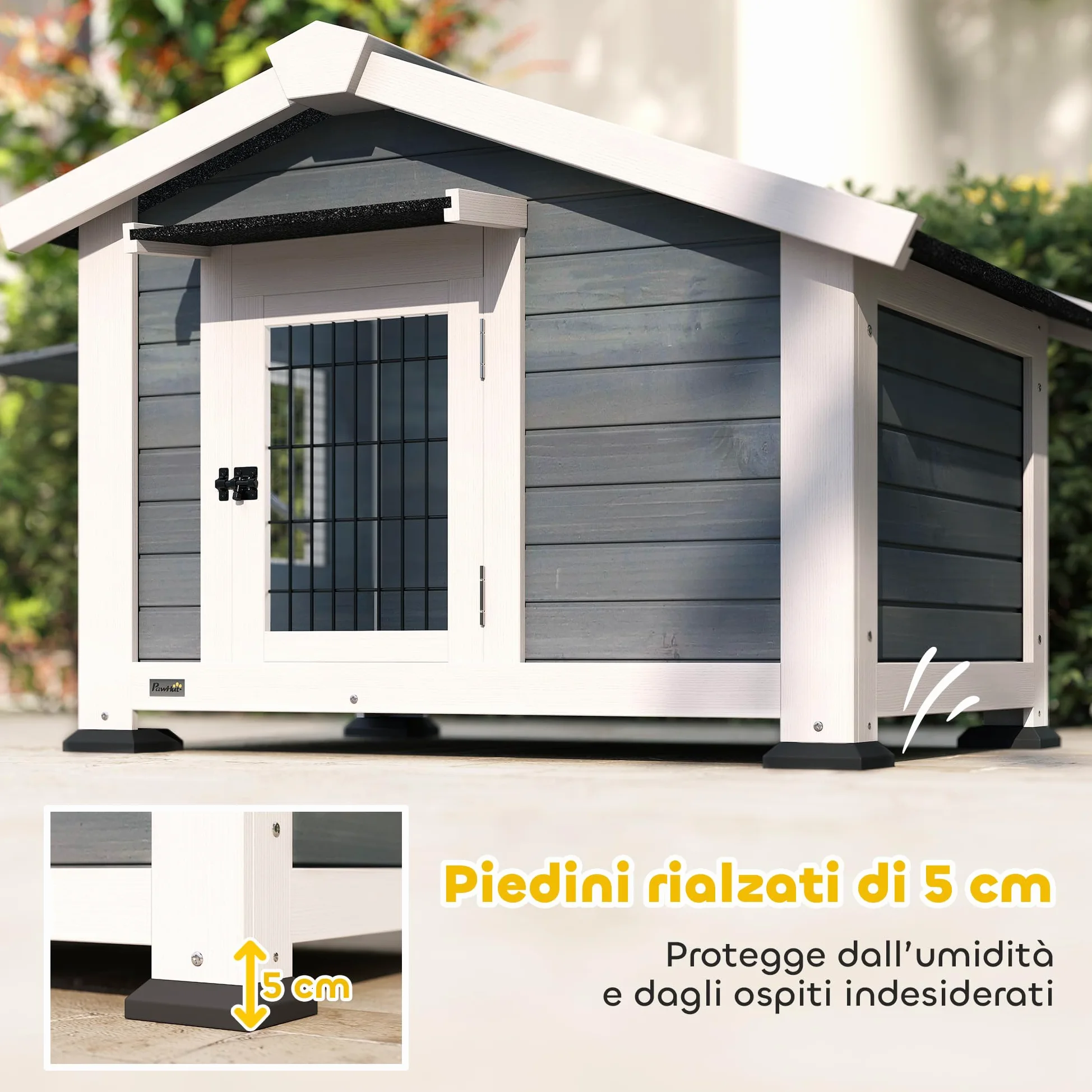 PawHut Cuccia per Cani da Esterno in Legno, Casetta per Cani Rialzato con Tetto Spiovente Impermeabile, Finestra Apribile, Facile Pulizia, Porta Ventilata, per Cani Piccola Media, 98x76x69.5cm