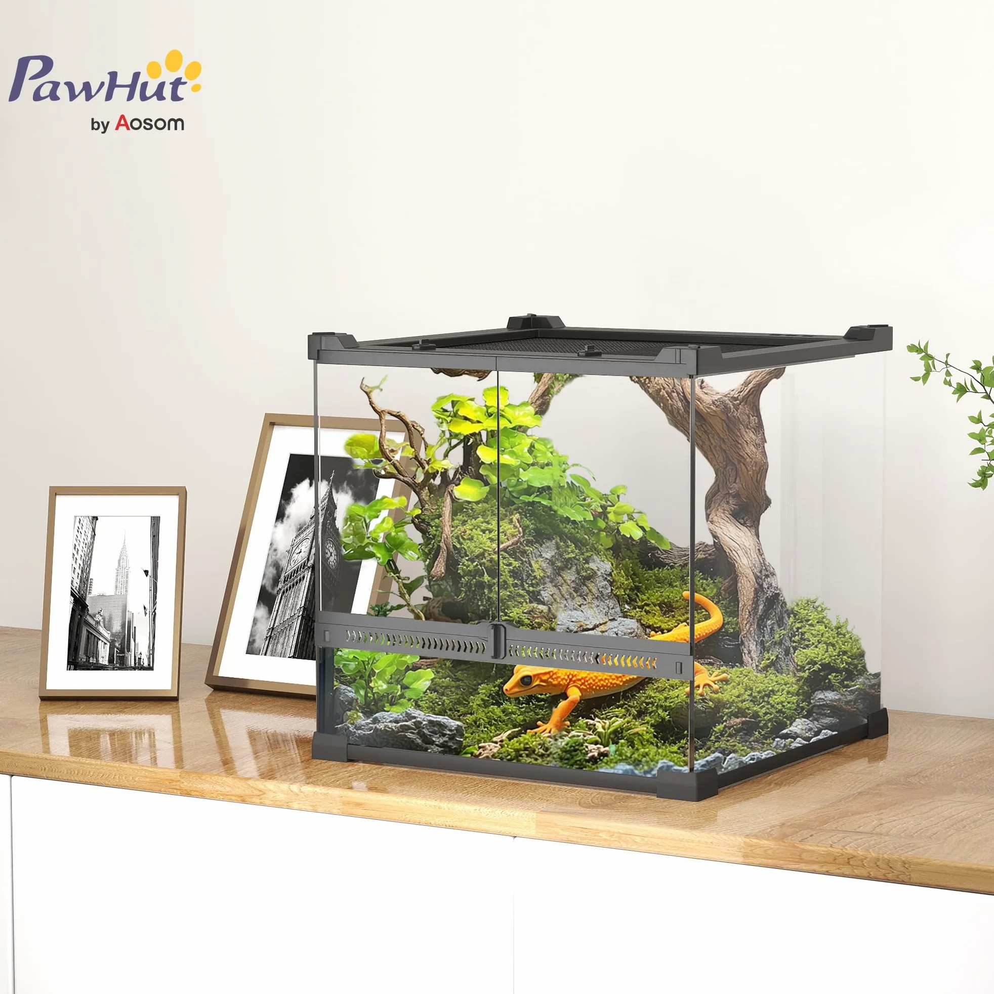 PawHut Terrario per rettili, terrario in vetro, 24 l, contenitore di alimentazione rettile, con ventilazione frontale, tappo a vite per anfibi ragno, nero, 30 x 30 x 30 x 30 cm