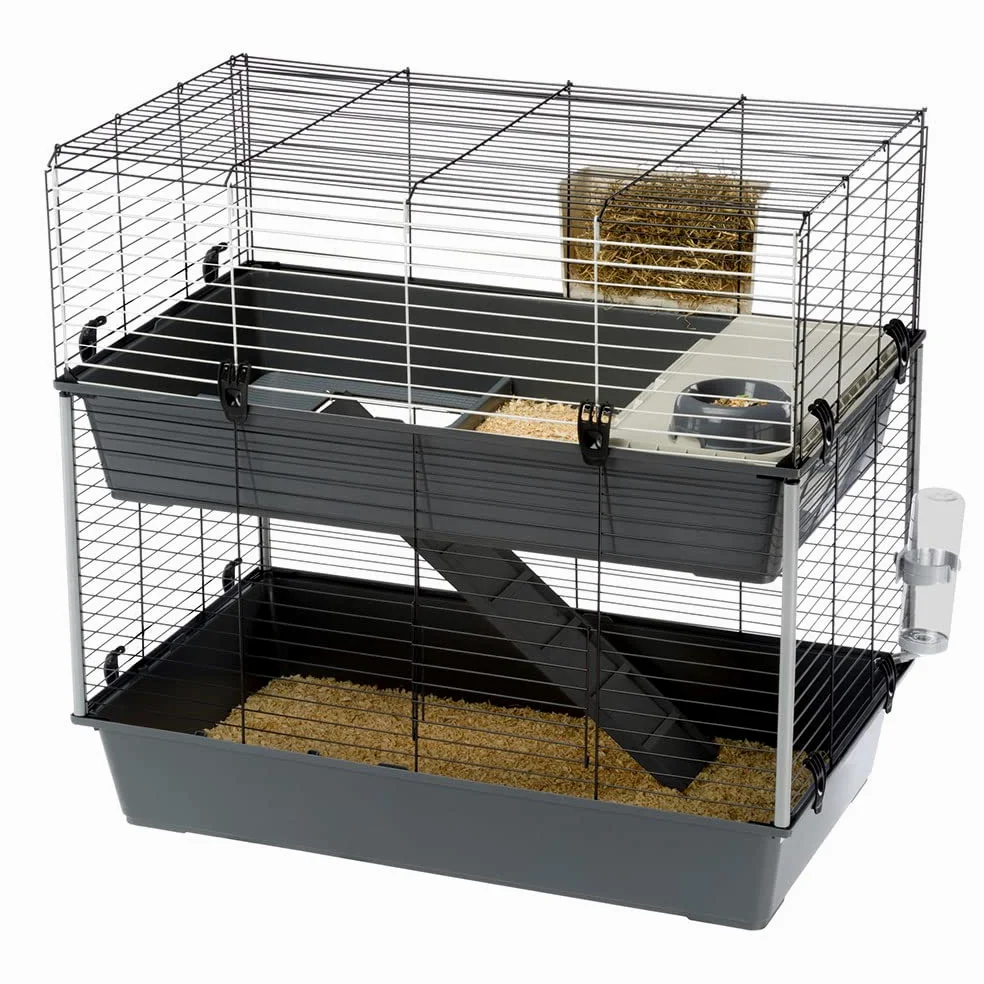 Ferplast Gabbia per conigli a due piani RABBIT 100 DOUBLE, Casetta per piccoli animali, Conigliera con Accessori inclusi, in Metallo verniciato Nero e plastica, 95 x 57 x h 93,5 cm