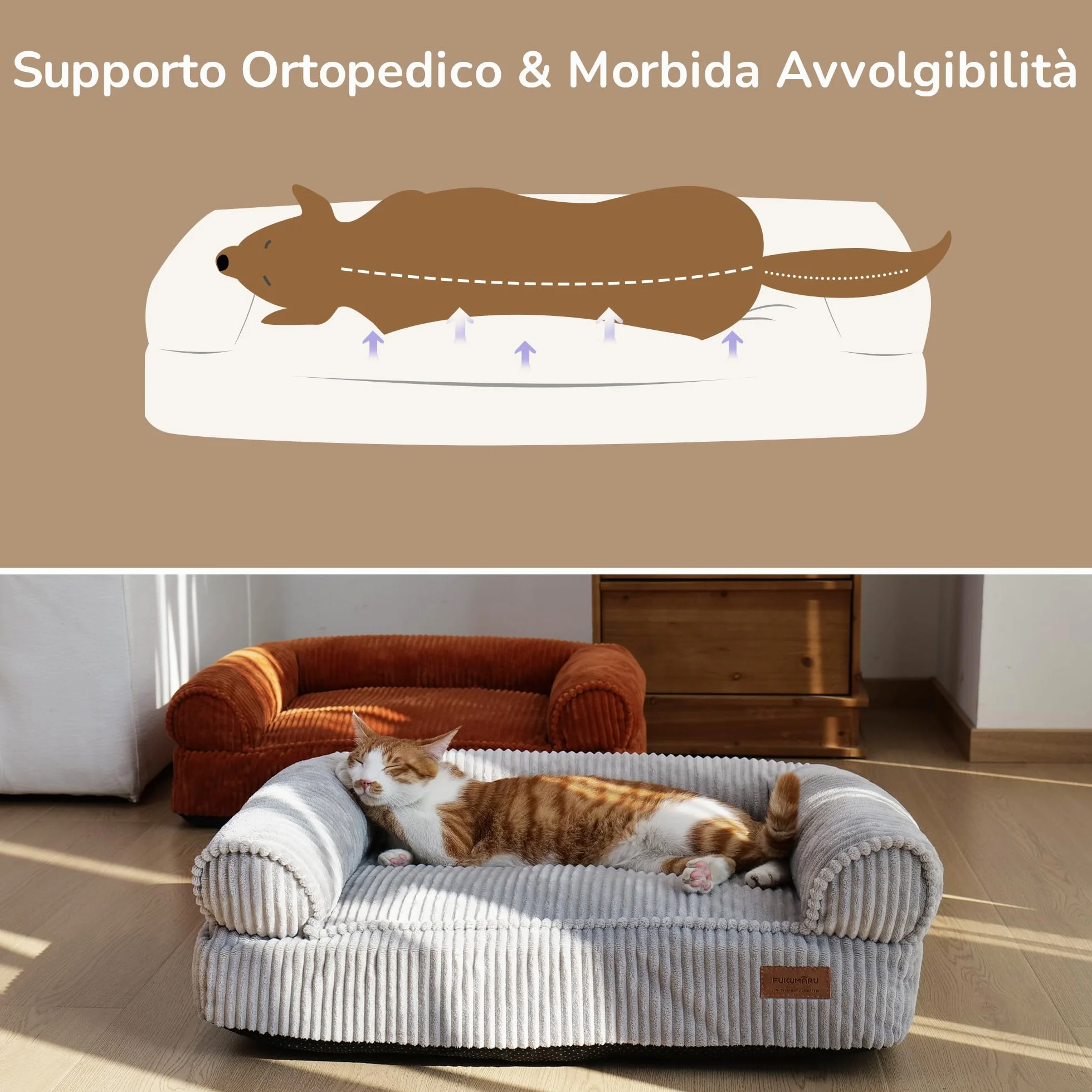 FUKUMARU Cuccia Gatto Interno,Tessuto Sfoderabile e Lavabile in Velluto a Coste, Letto per Gatti Ergonomico con Sostegno Integrato, Divano per Cani di Media Taglia, Base Antiscivolo, 72x52x22 cm