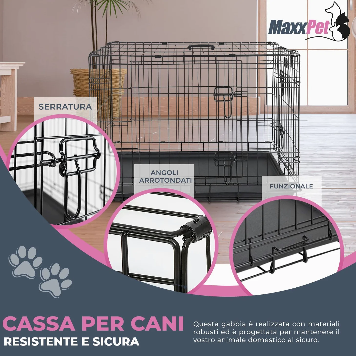 MaxxPet Gabbia Per Cane - Gabbia Cani - Con 2 Porte d’Ingresso - Pieghevole e Trasportabile - Kennel Cane Grande - Incl. cuscino per cane e ciotola - 76x48x53 cm - Nero
