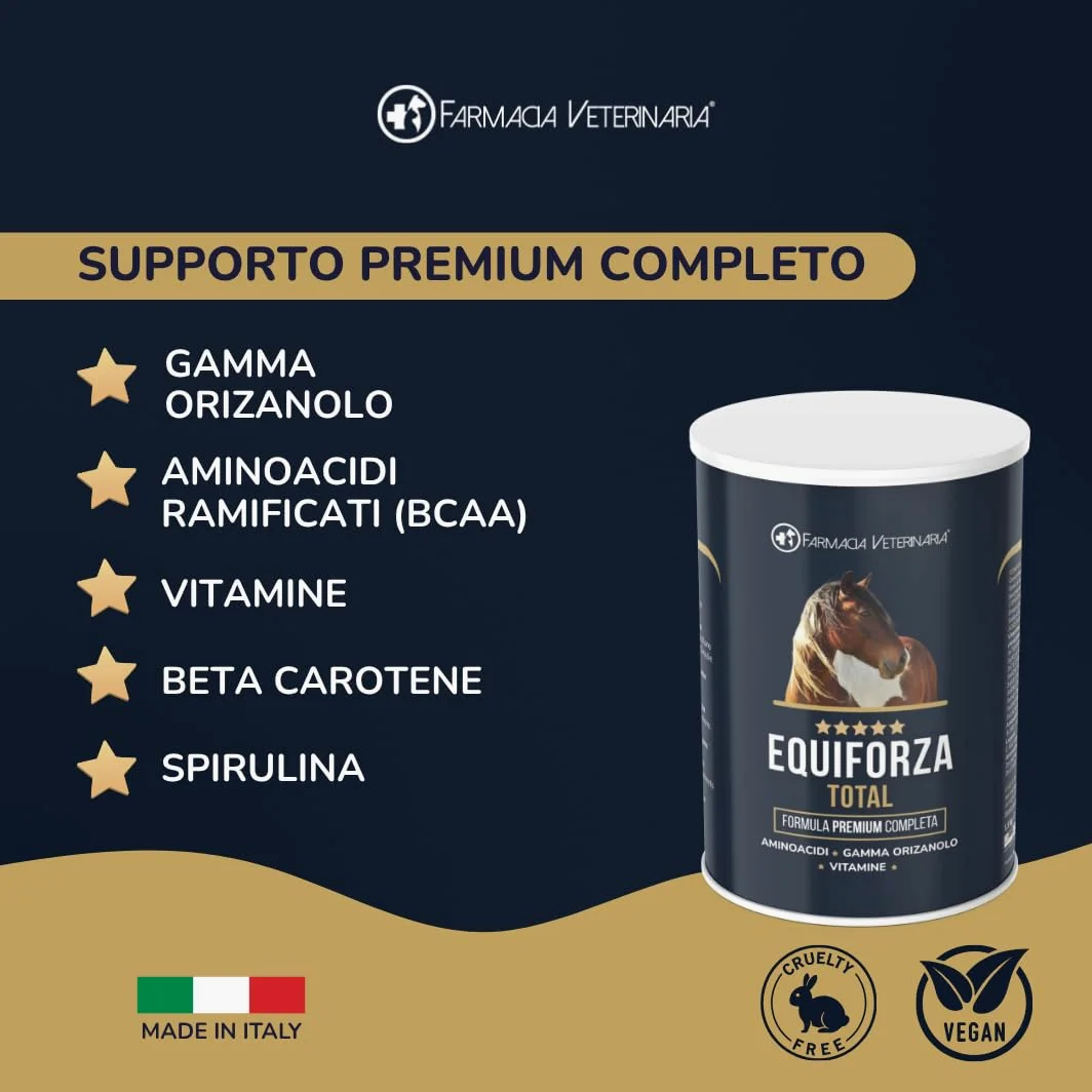 Equiforza Total Integratore in Polvere per Cavalli con BCAA, L-Carnitina, Gamma Orizanolo e Spirulina, Sviluppo Muscolare, Energia e Recupero, 1,5 kg