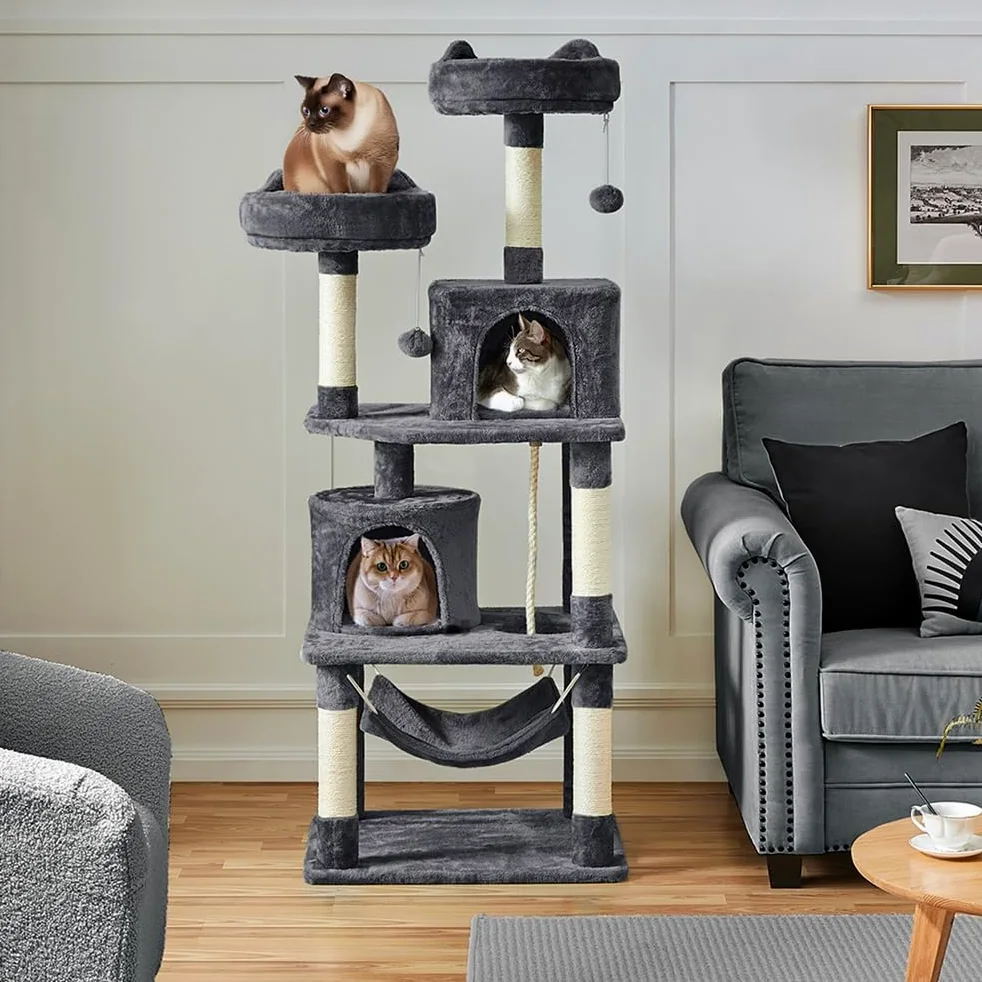 Yaheetech Albero Tiragraffi per Gatti Adulti Grandi Medi con Giocattolo Gioco Palle in Corda Sisal Naturale 61 x 49 x 158 cm Grigio Scuro