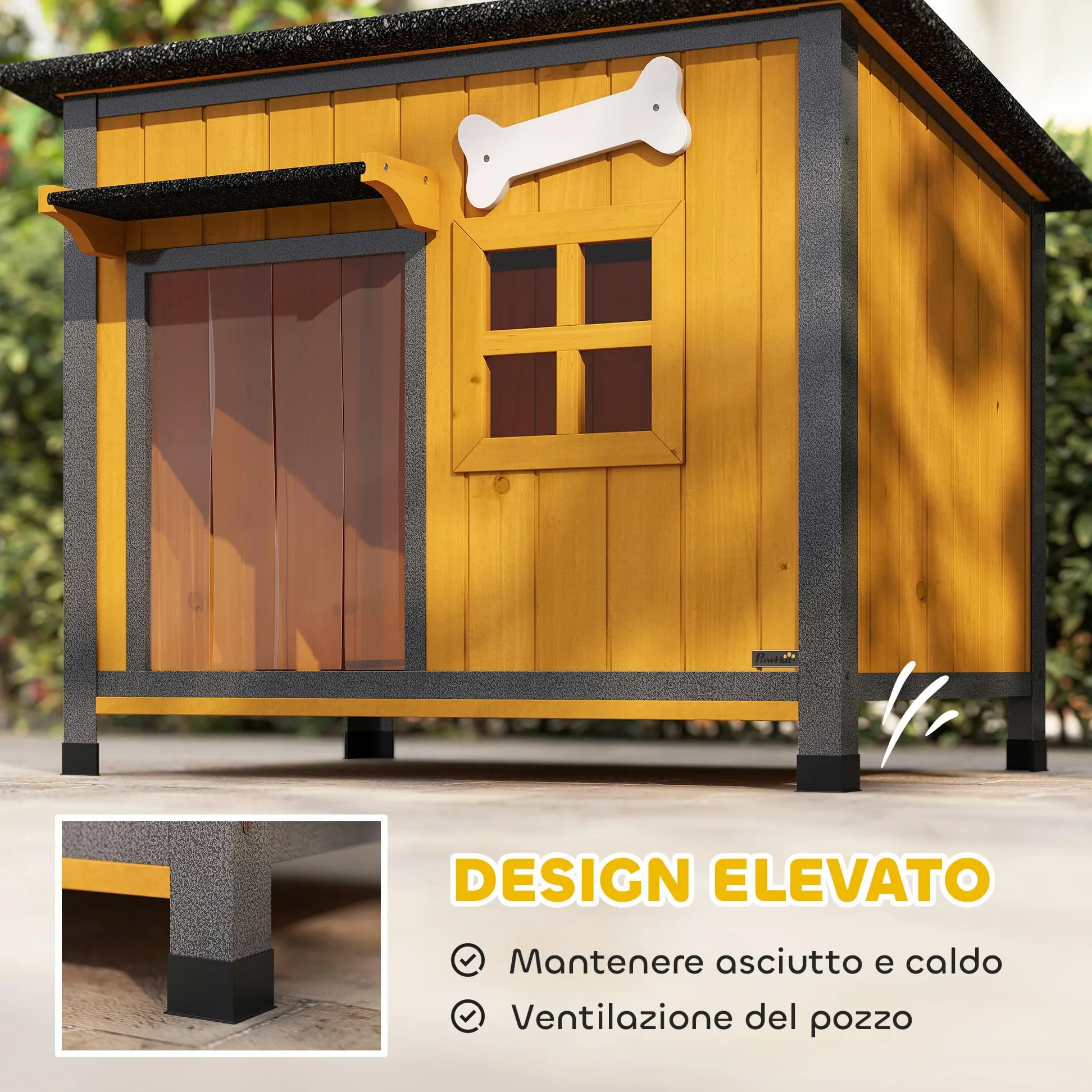PawHut Cuccia per Cani da Esterno in Legno e Acciaio Anti-Morso, Casetta per Cani Rialzato con Tetto Spiovente Apribile e Impermeabile, Pavimento Rimovibile, Tenda per Porta, Tettoia, 84.5x62x65 cm