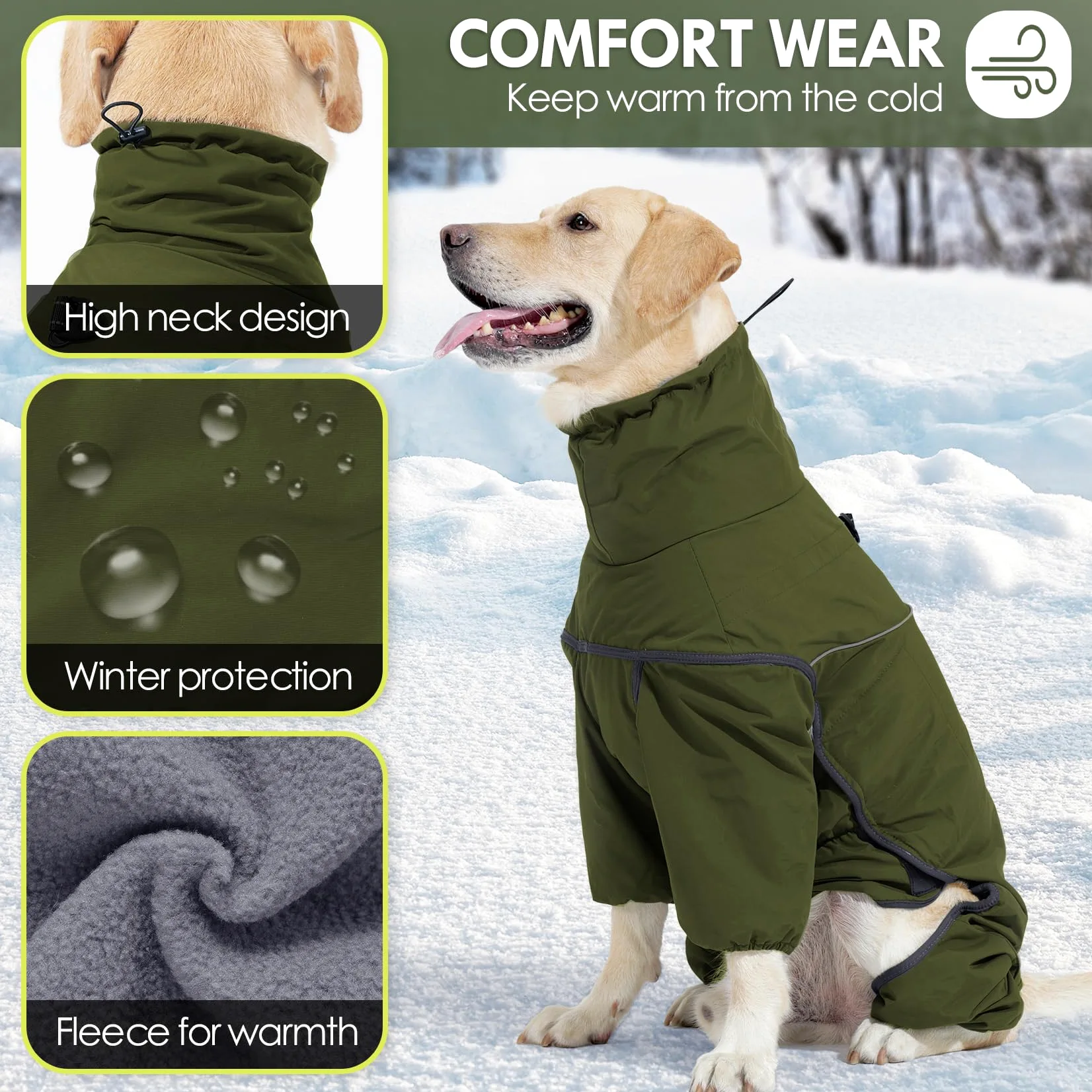 Cappotto riscaldato per cani a quattro zampe, impermeabile, regolabile, con collo alto a ritrazione, abbigliamento invernale per cani di taglia piccola, media e grande (verde, 3XL)