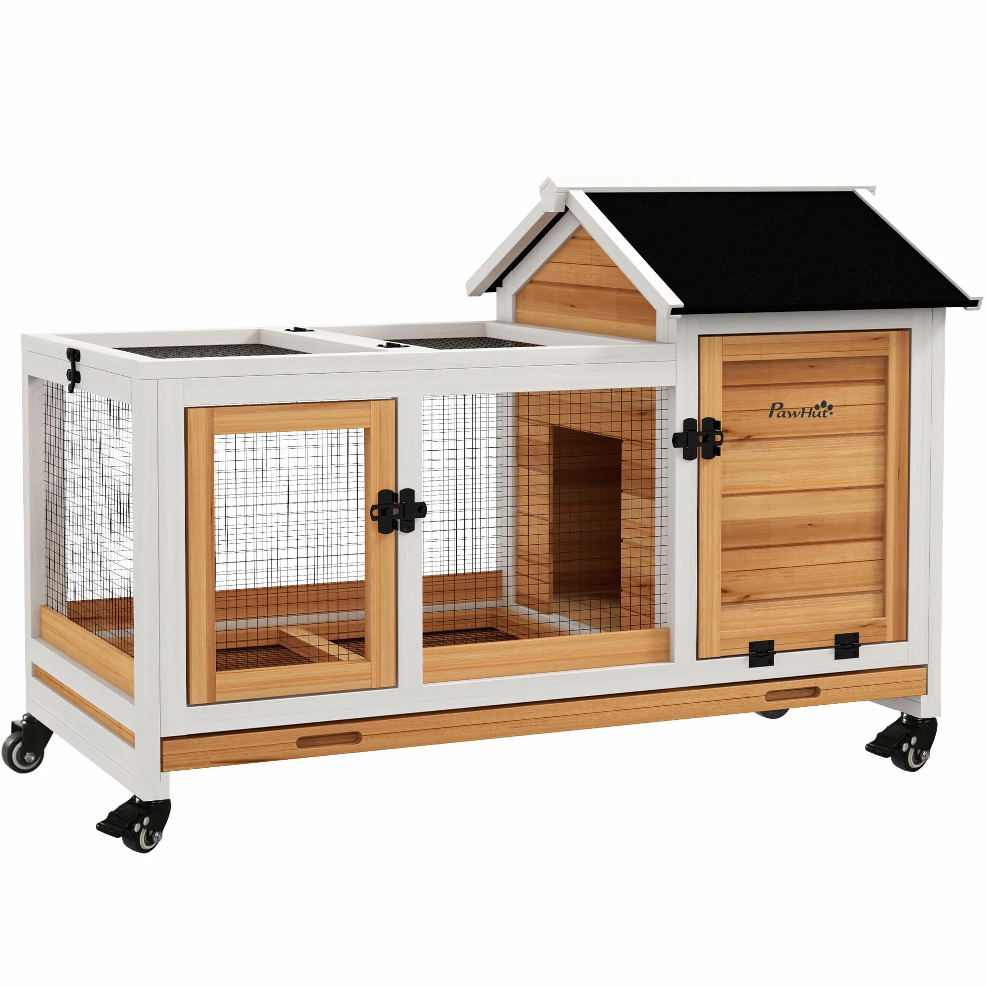 PawHut conigliera nana in legno, 108 x 58 x 73,5 cm Conigliera per piccoli animali con recinto per animali liberi, ruote, tetto incernierato, gabbia per conigli nani con vassoio estraibile per