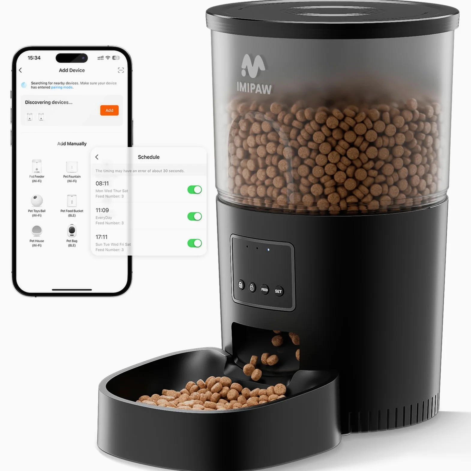 IMIPAW Distributore Automatico Cibo Gatti, Controllato da APP, 5G/2.4G WiFi Alimentazione a Distanza, 10 Pasti al Giorno, 3L Dispenser Cibo Secco per Animali Di Piccola e Media Taglia