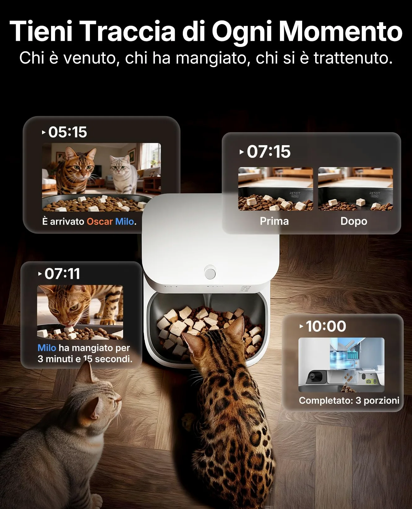 PETKIT YumShare Dual-Hopper 2, Distributore Automatico di Cibo per Gatti e Cani con Telecamera HD 1080p, Riconoscimento Multiplo Gatti, Funzioni AI, Capacità 5L, Wi-Fi 2.4 GHz e 5 GHz