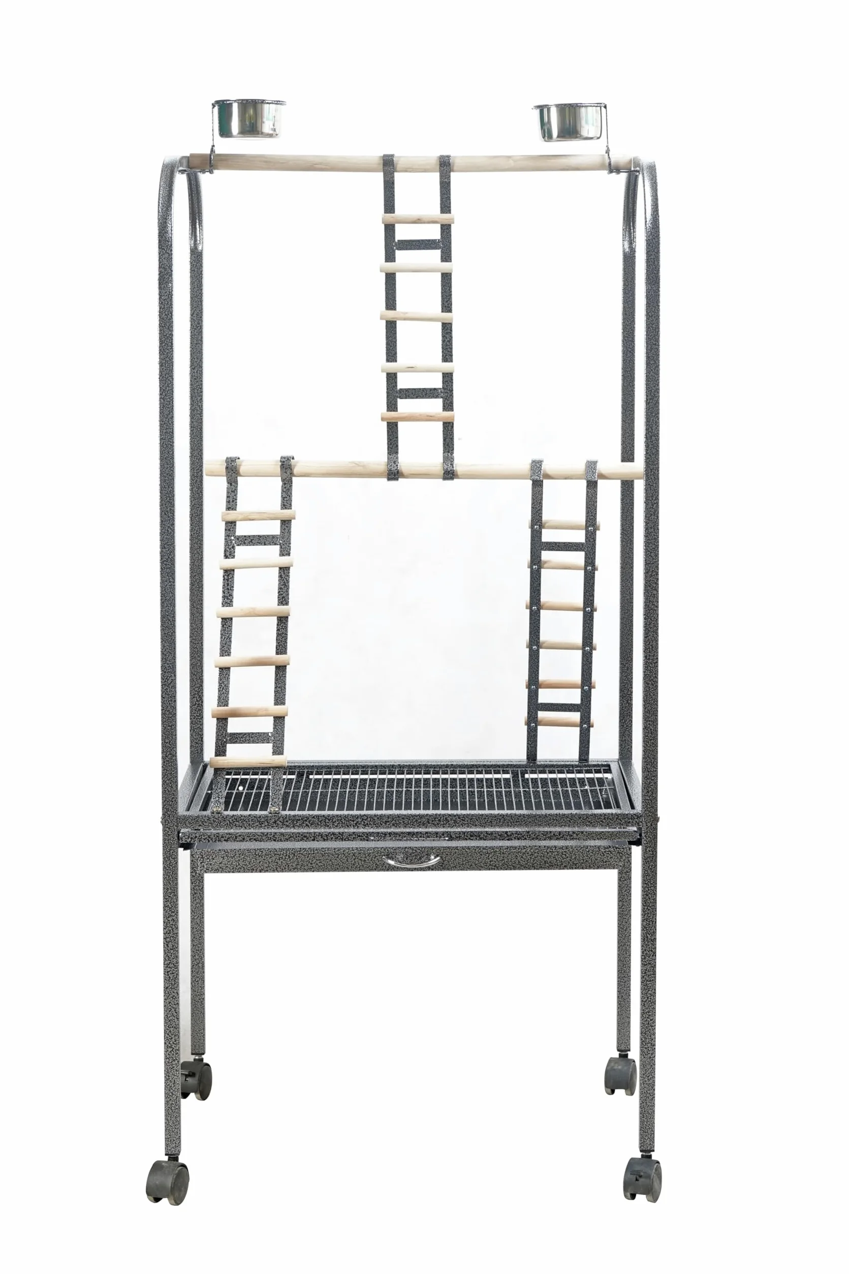 Pet's Solution - Trespolo per Pappagalli Grande e Stabile, Area Gioco con Scale, Posatoi, Mangiatoie in Acciaio, Griglia e Vassoio Estraibile, 4 Ruote, Color Nero Martellato – 64,5x44,5x154h cm